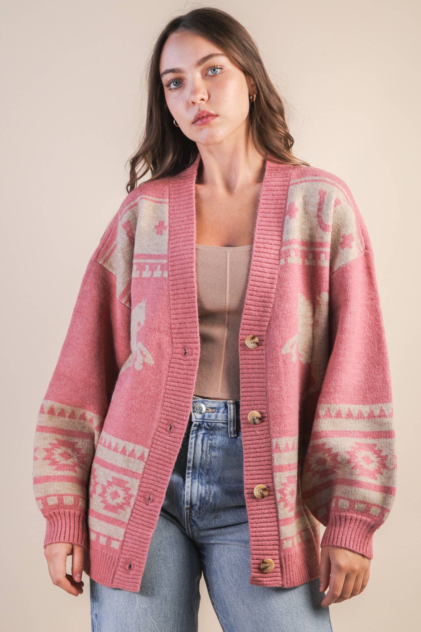 Oversized Pink Western Knit Sweater Cadigan | WinAri Boutique