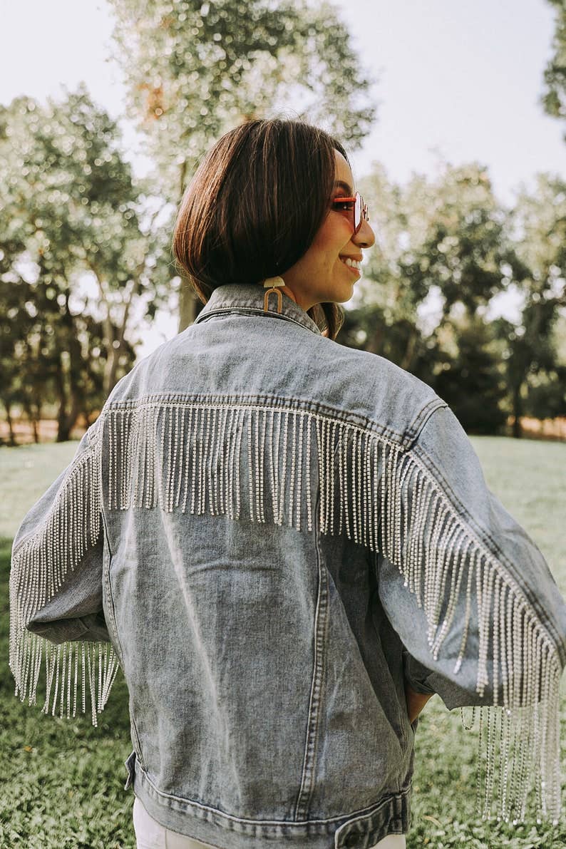 Denim Jacket with Rhinestone Fringe