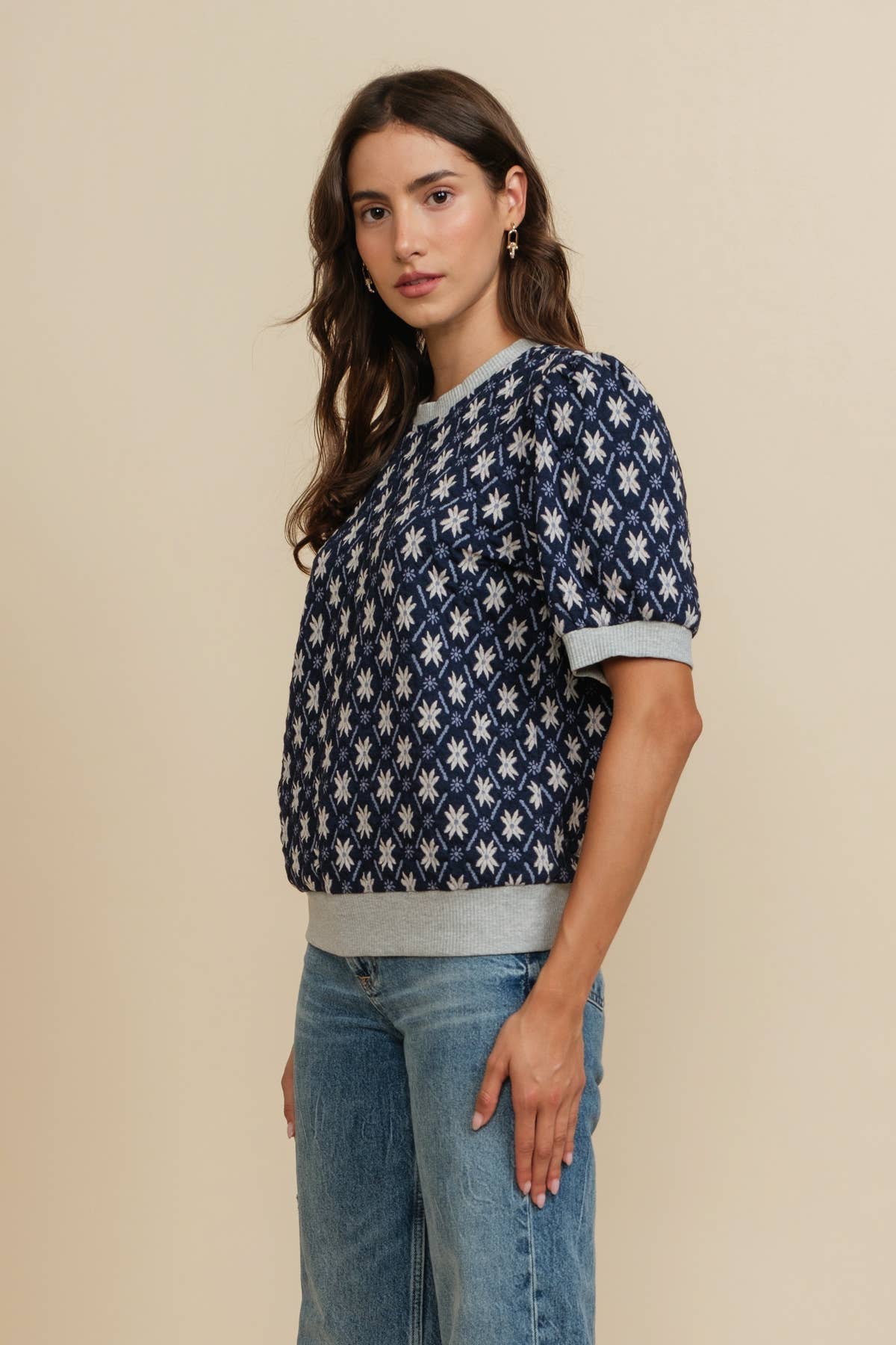 Nordic Star Jacquard Knit Puff Short Sleeve knit Top