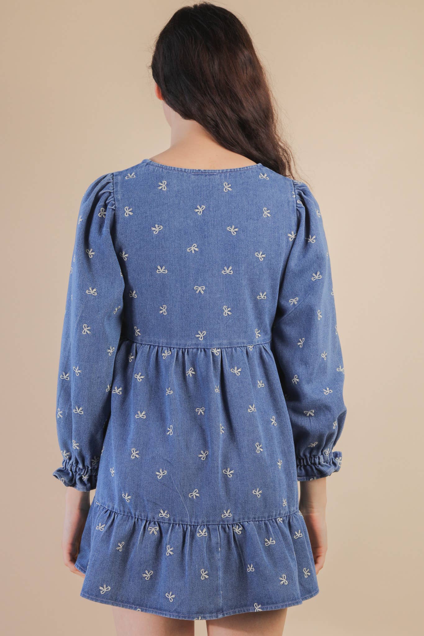 Soft Washed Denim Bow Printed Casual Mini Dress