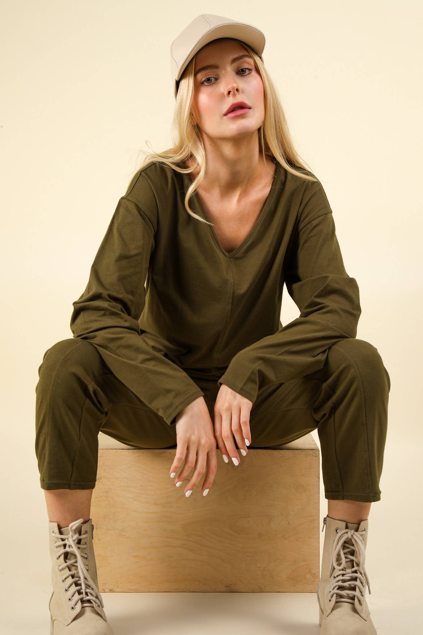 Olive Solid Knit Baggy Comfy Jumpsuit with Front Pockets