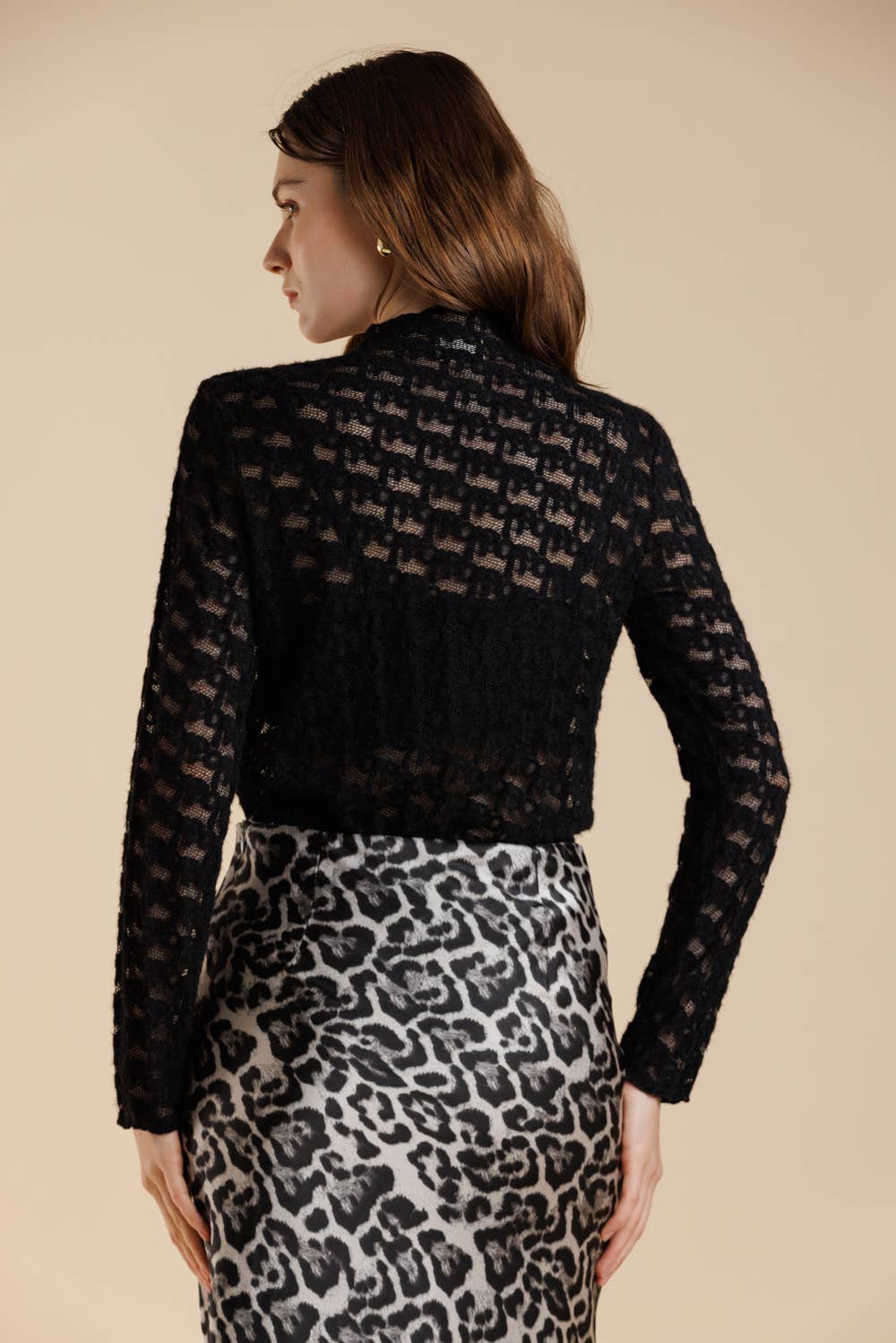 Black Brushed Lace Mock Neck Textured Long Sleeve Tee