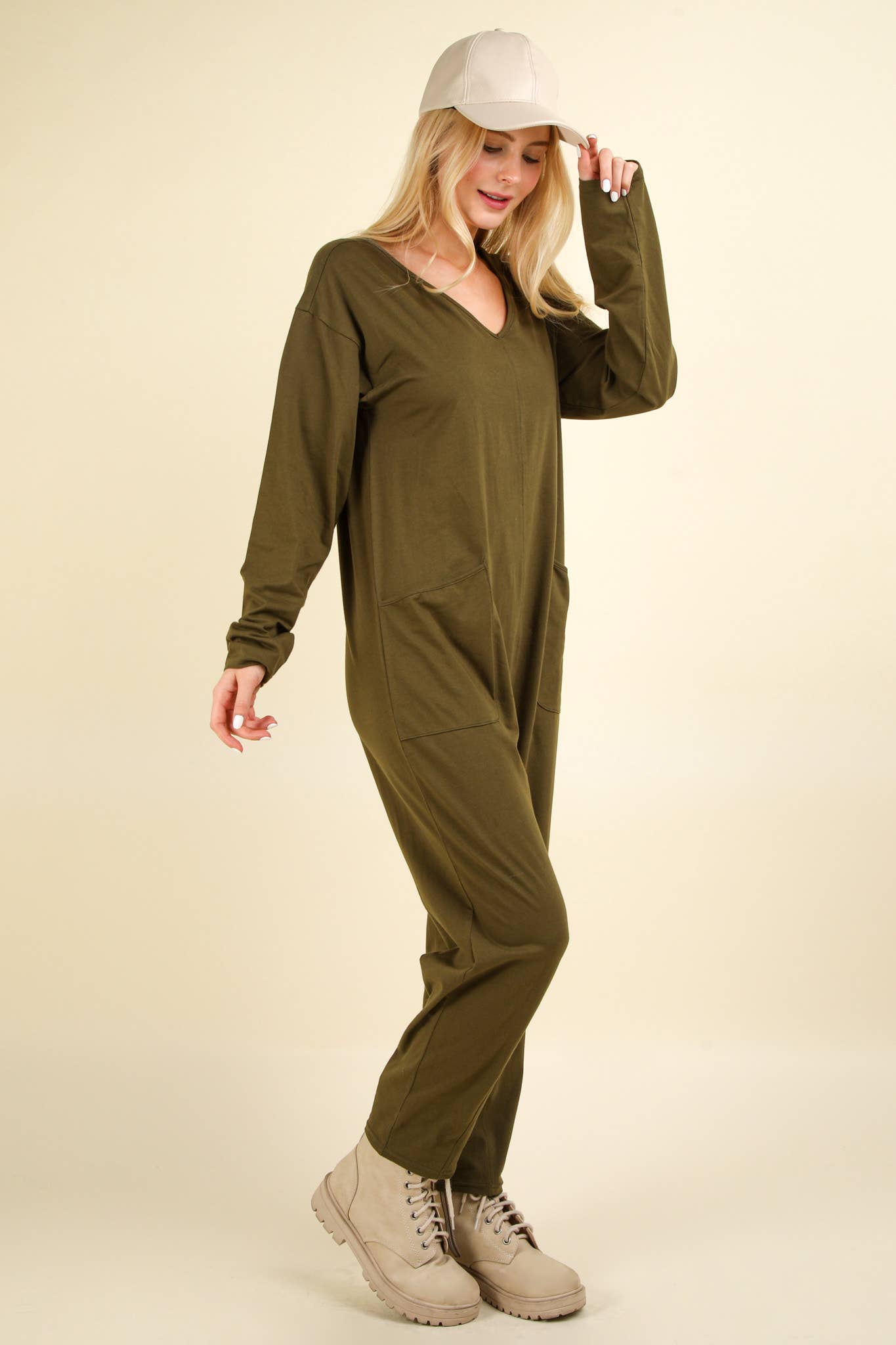 Olive Solid Knit Baggy Comfy Jumpsuit with Front Pockets