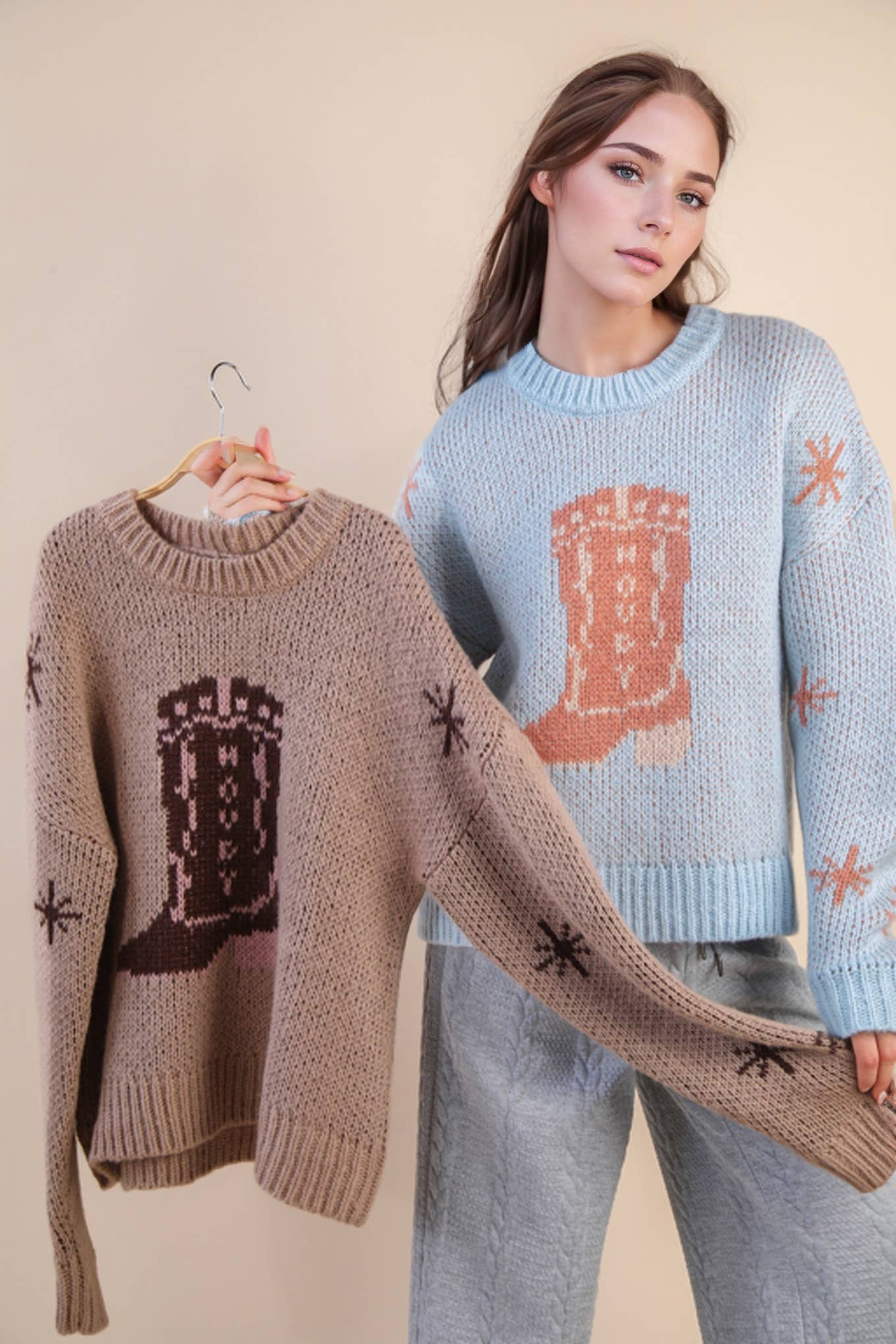 Cowboy Boots Graphic Print Knit Sweater