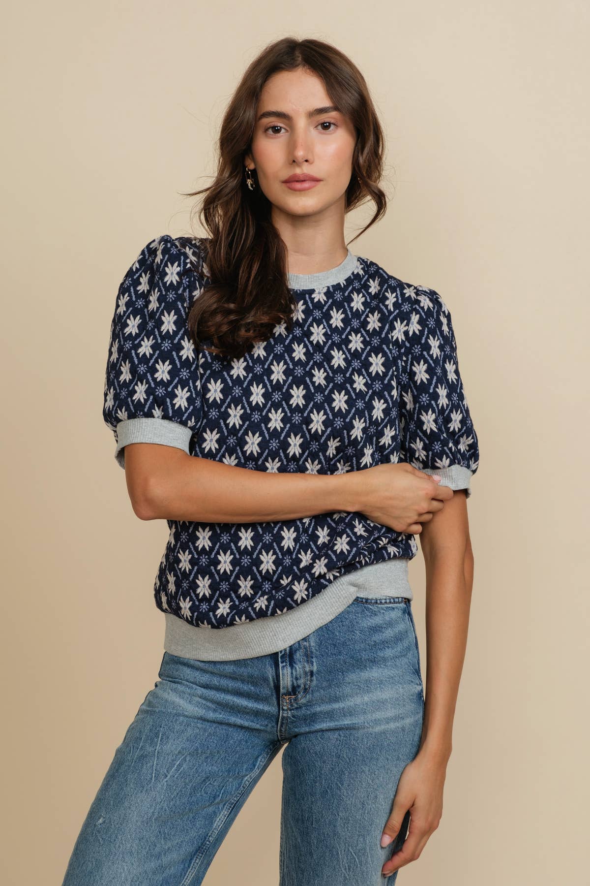 Nordic Star Jacquard Knit Puff Short Sleeve knit Top