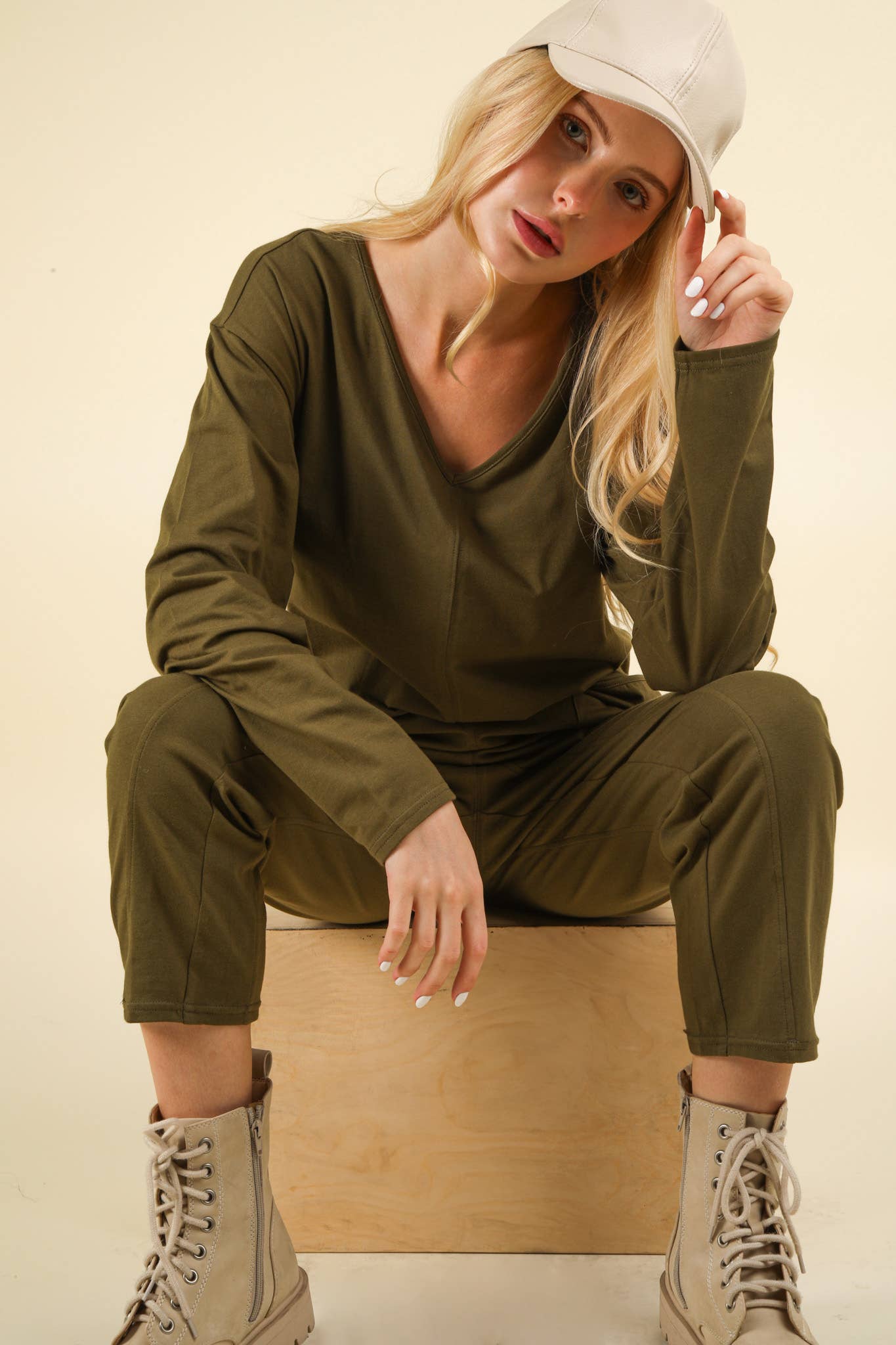 Olive Solid Knit Baggy Comfy Jumpsuit with Front Pockets