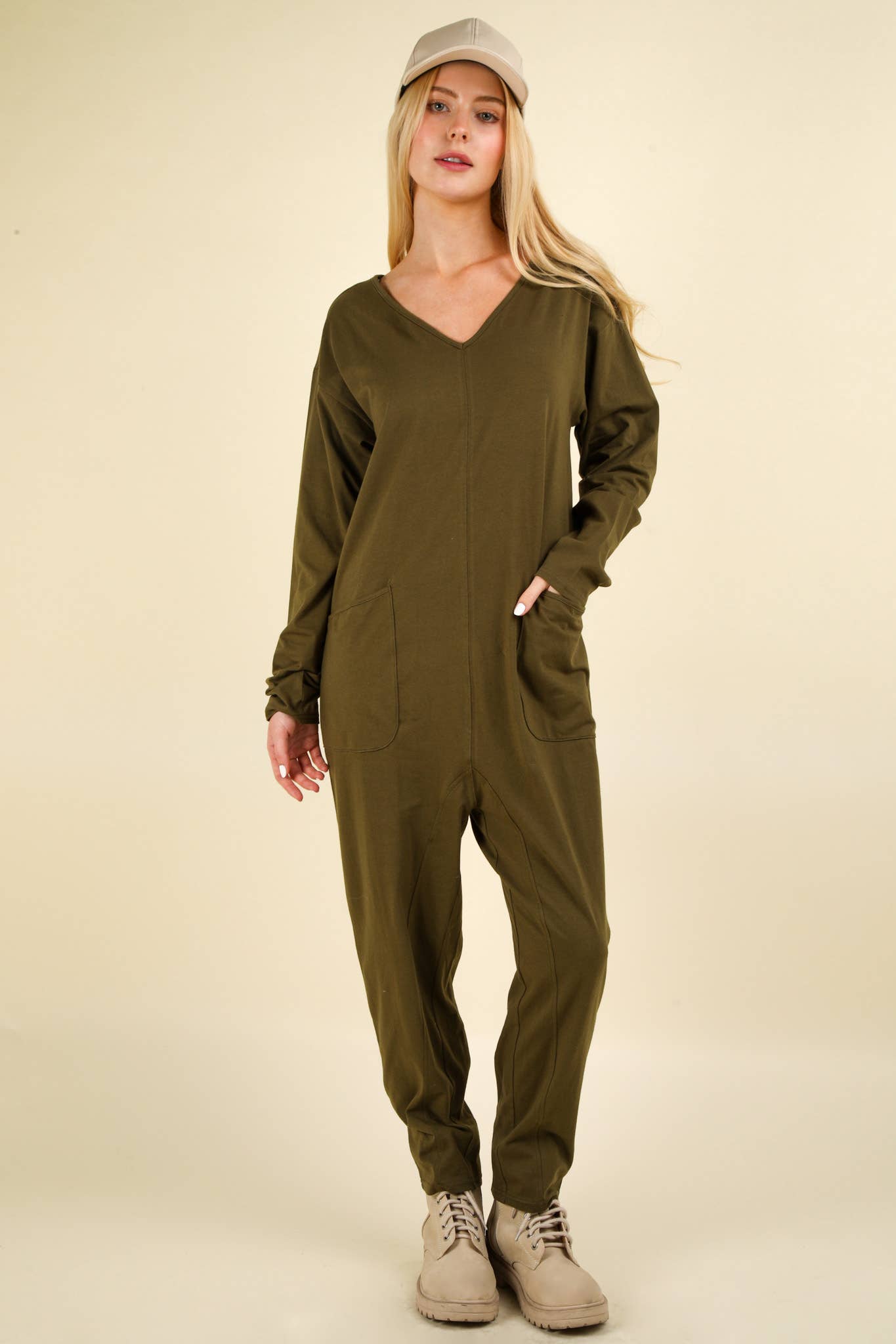 Olive Solid Knit Baggy Comfy Jumpsuit with Front Pockets