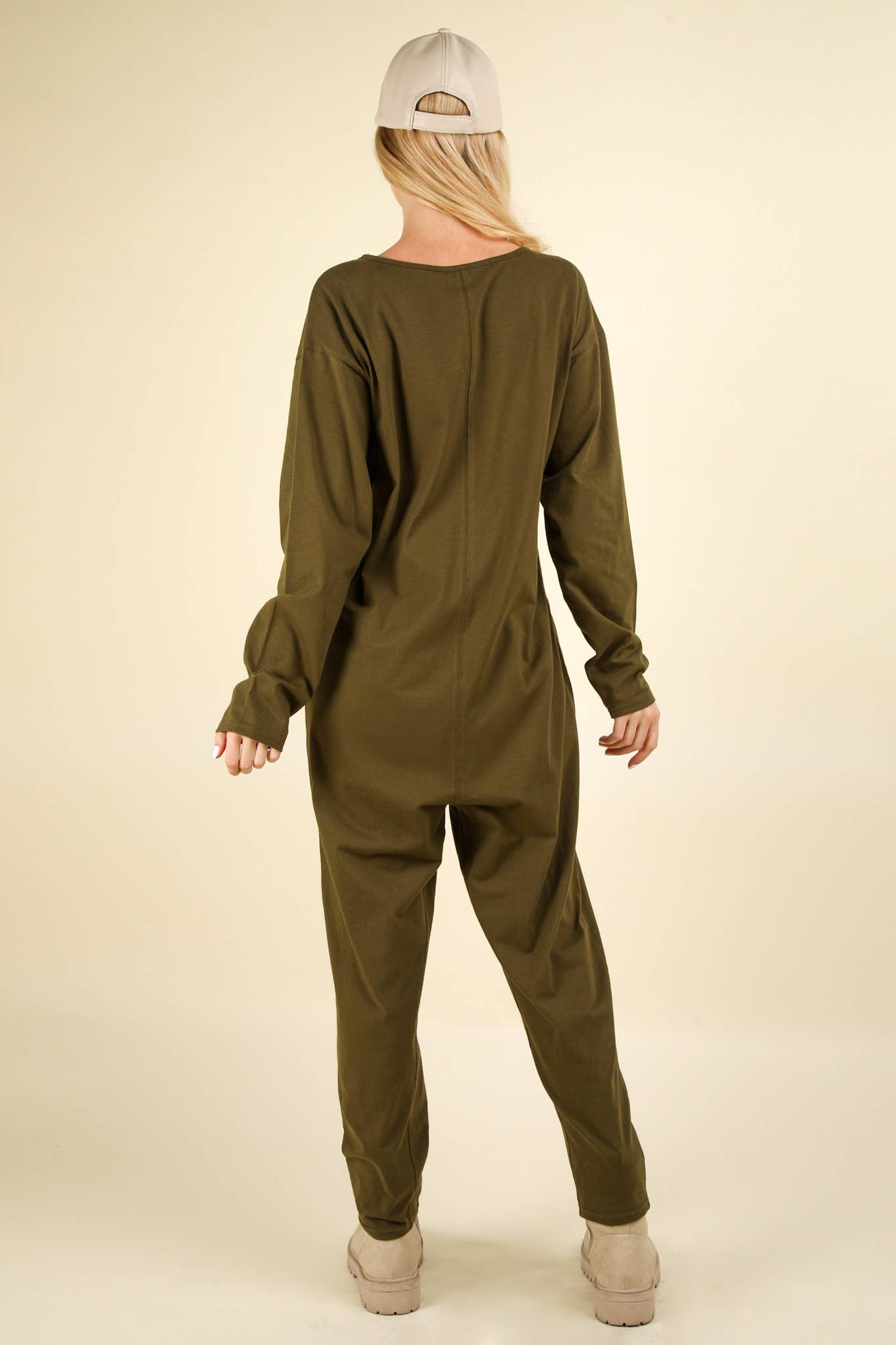 Olive Solid Knit Baggy Comfy Jumpsuit with Front Pockets