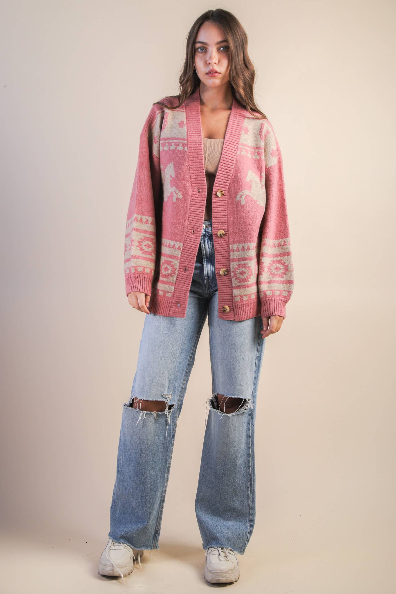 Oversized Pink Western Knit Sweater Cadigan