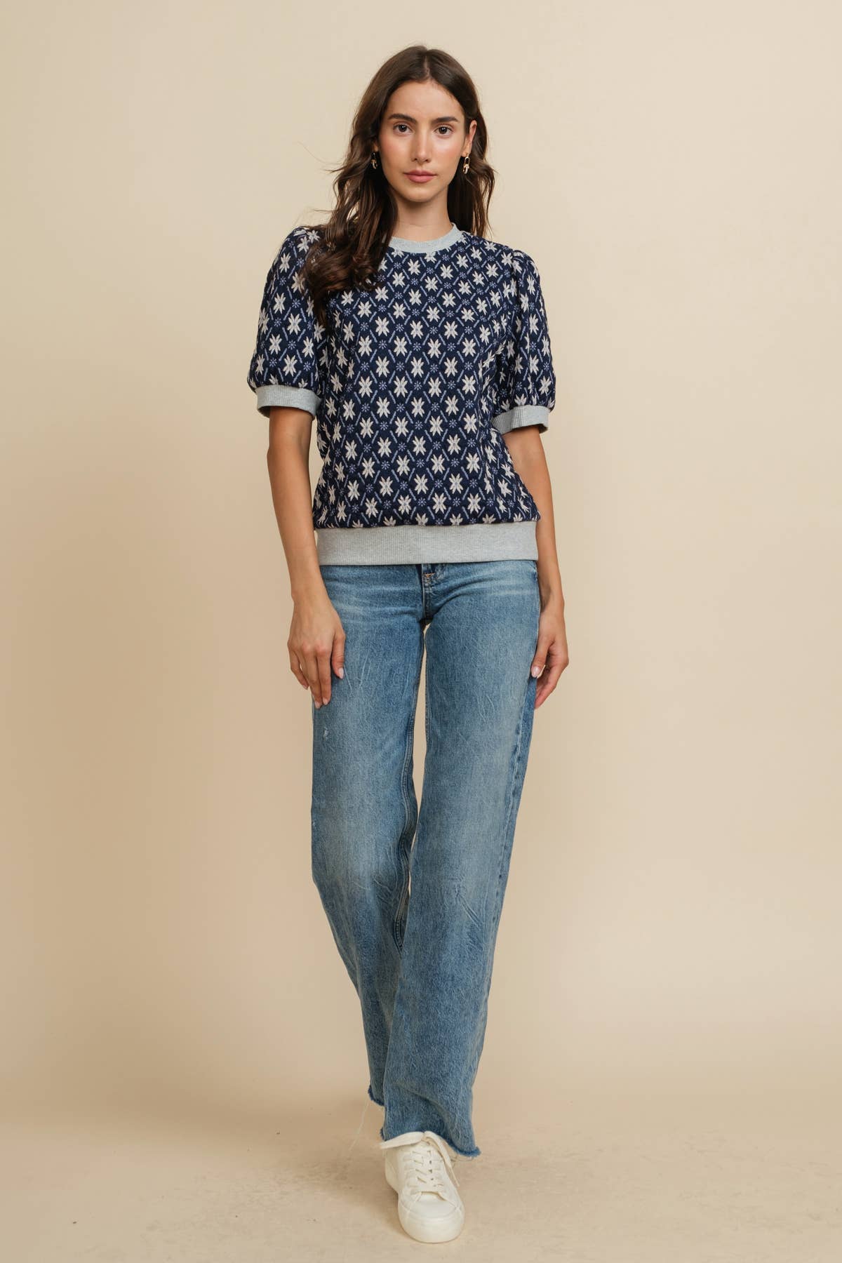 Nordic Star Jacquard Knit Puff Short Sleeve knit Top