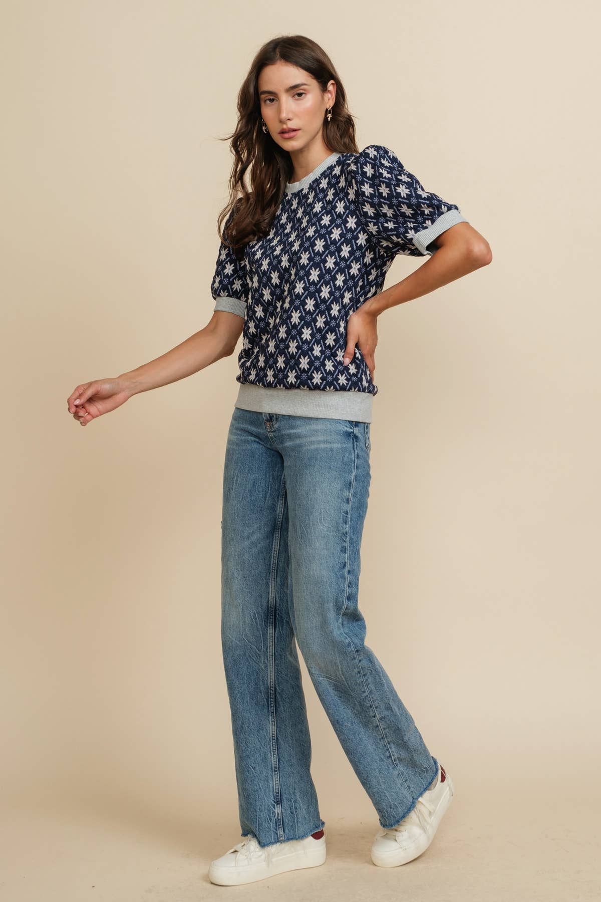 Nordic Star Jacquard Knit Puff Short Sleeve knit Top