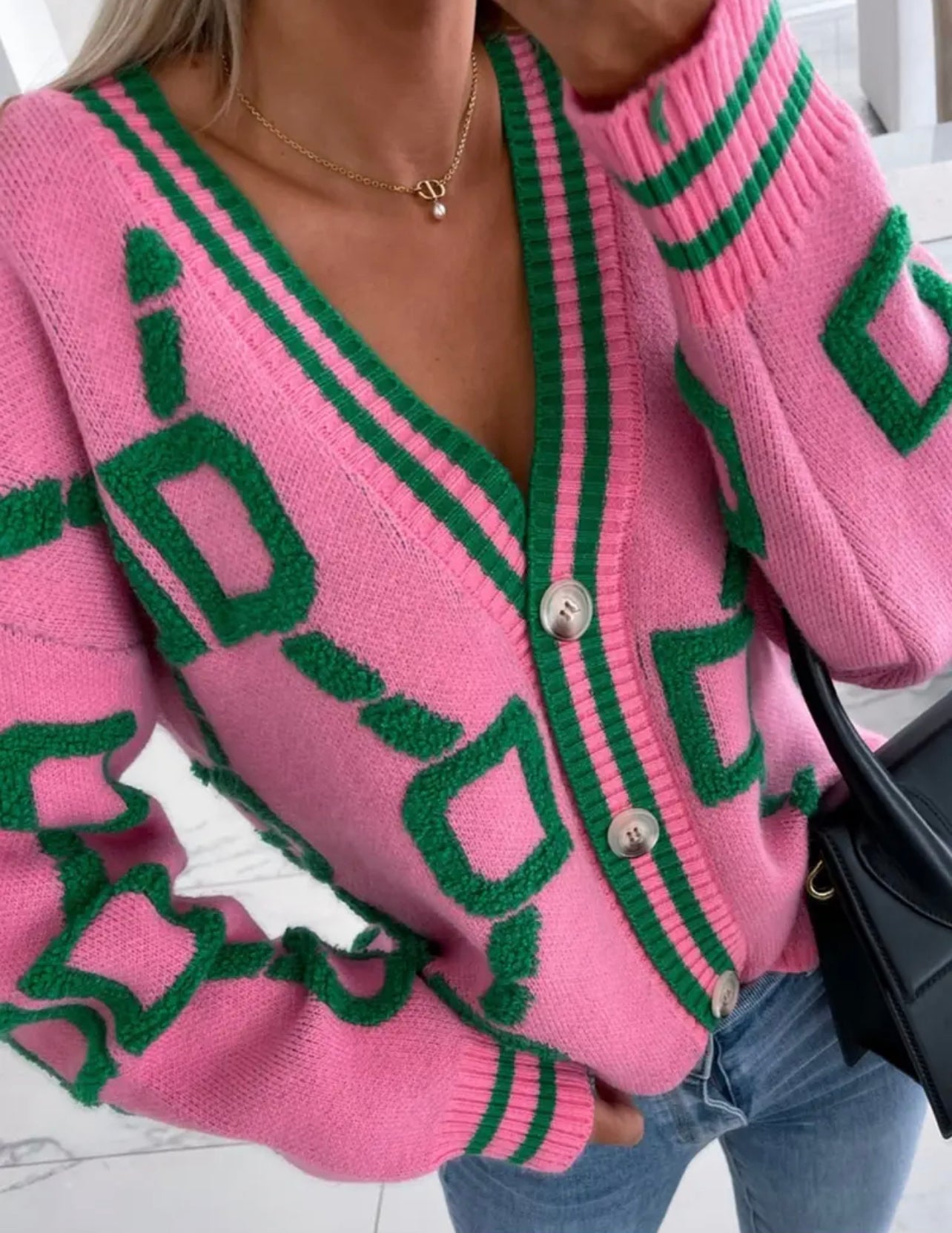 Pink & Green Button Up Sweater