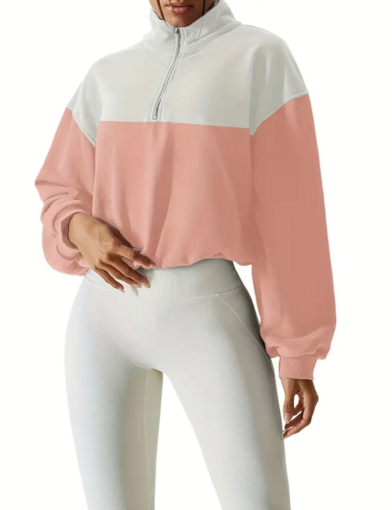 Pink & White Half Zip Crop Sweatshirt