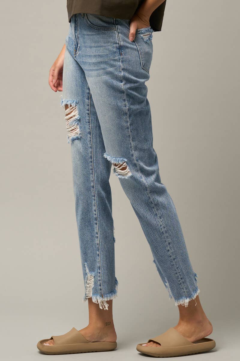 High Rise Ripped Frayed Hem Cropped Straight Jeans