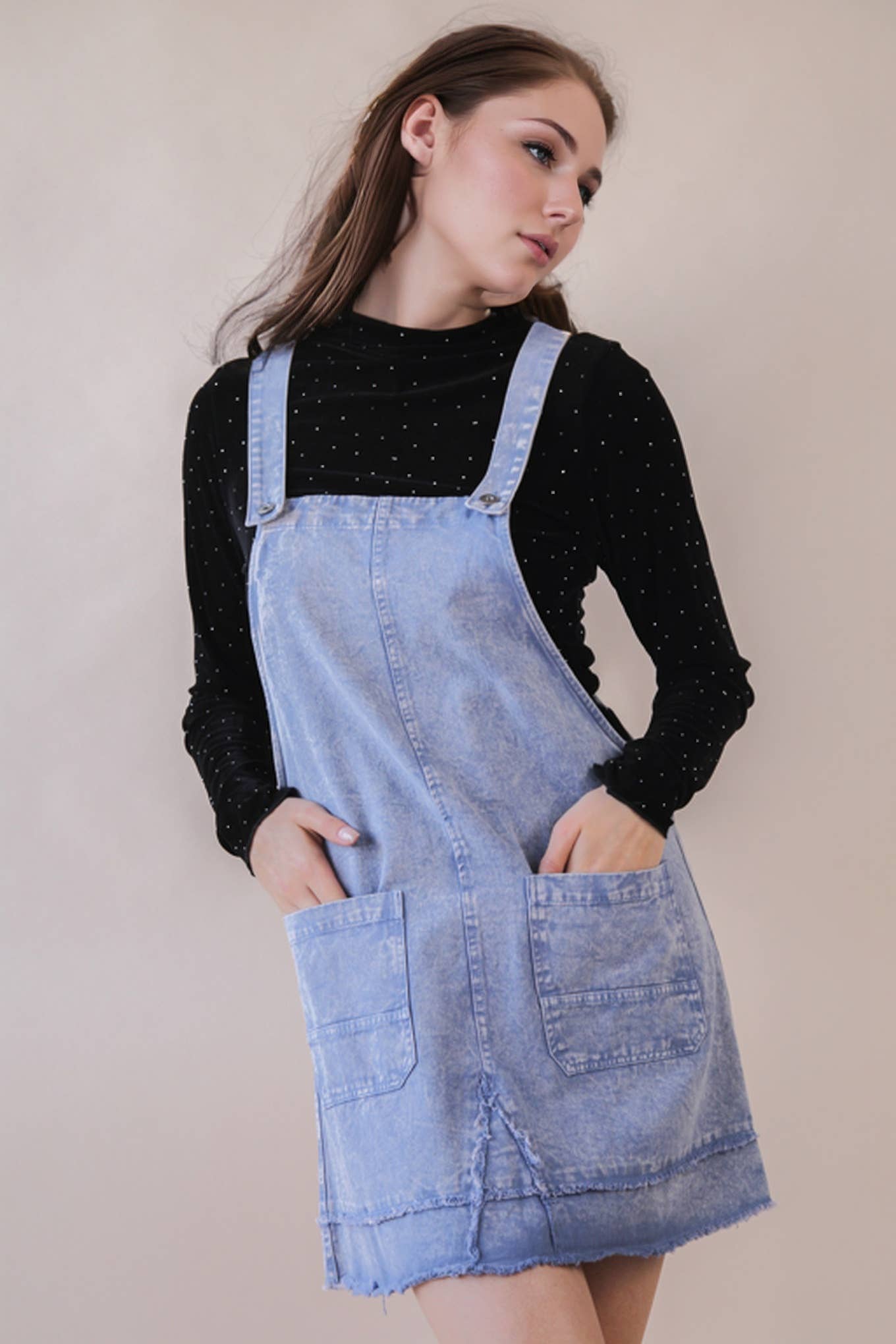 Washed Denim Overall Mini Dress Washed Denim Overall Mini Dress