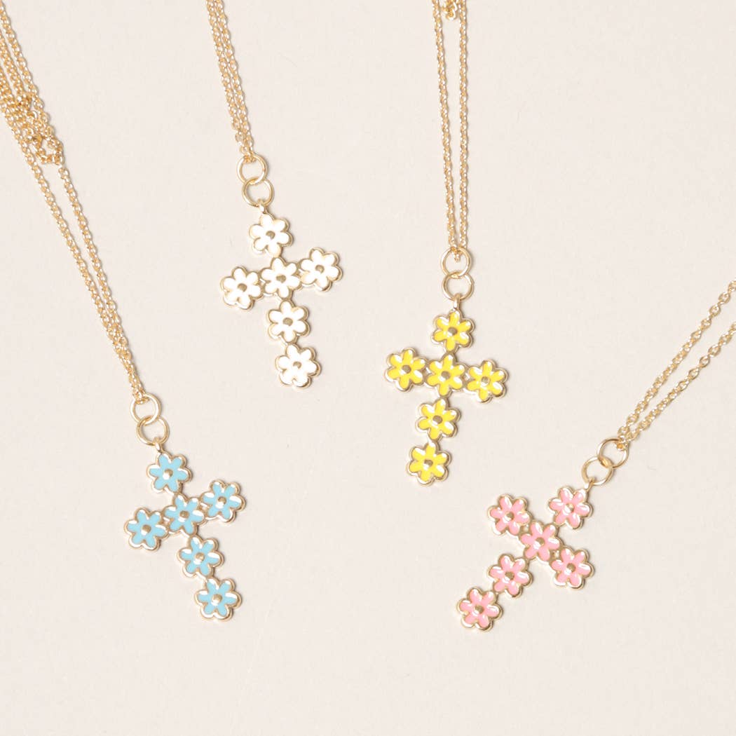Yellow Daisy Flower Cross Necklace