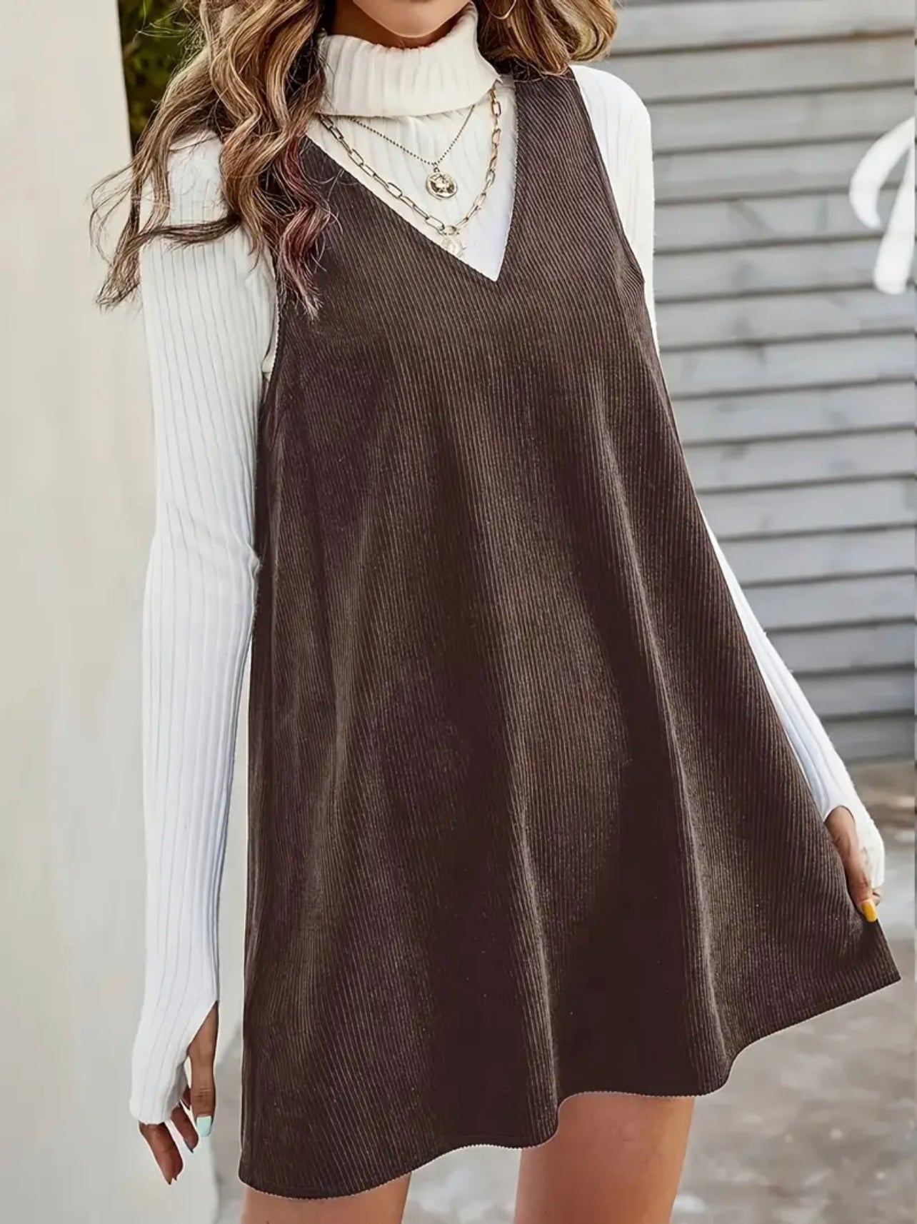 Coffee V Neck Dress