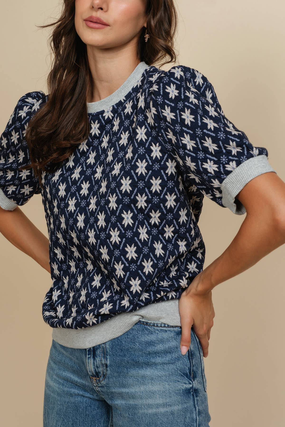 Nordic Star Jacquard Knit Puff Short Sleeve knit Top