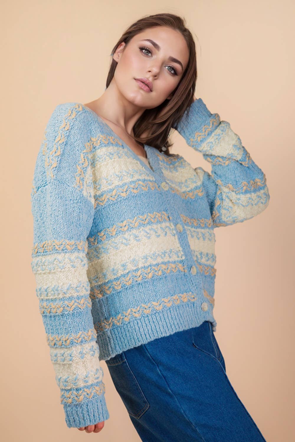 Multi Color Textured Knit Sweater Cardigan