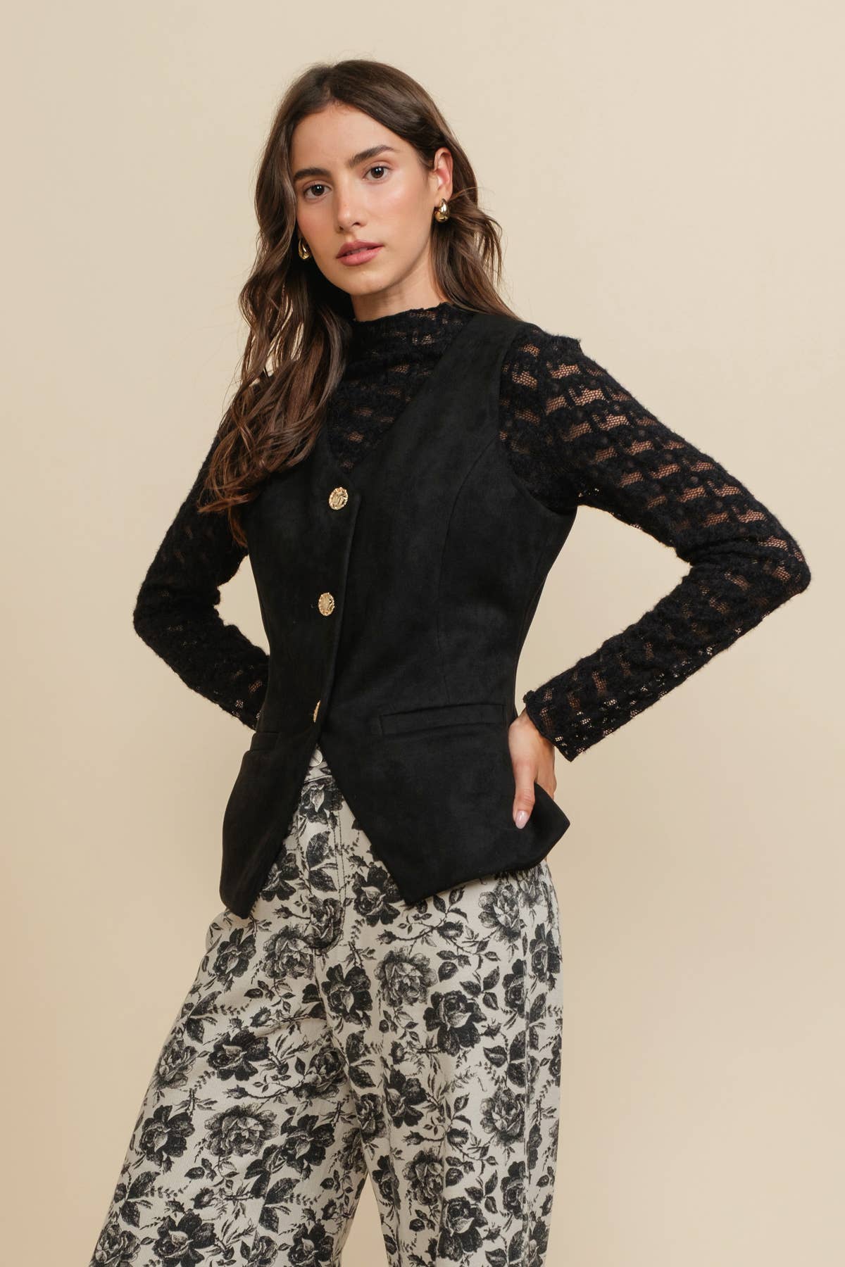 Black Brushed Lace Mock Neck Textured Long Sleeve Tee