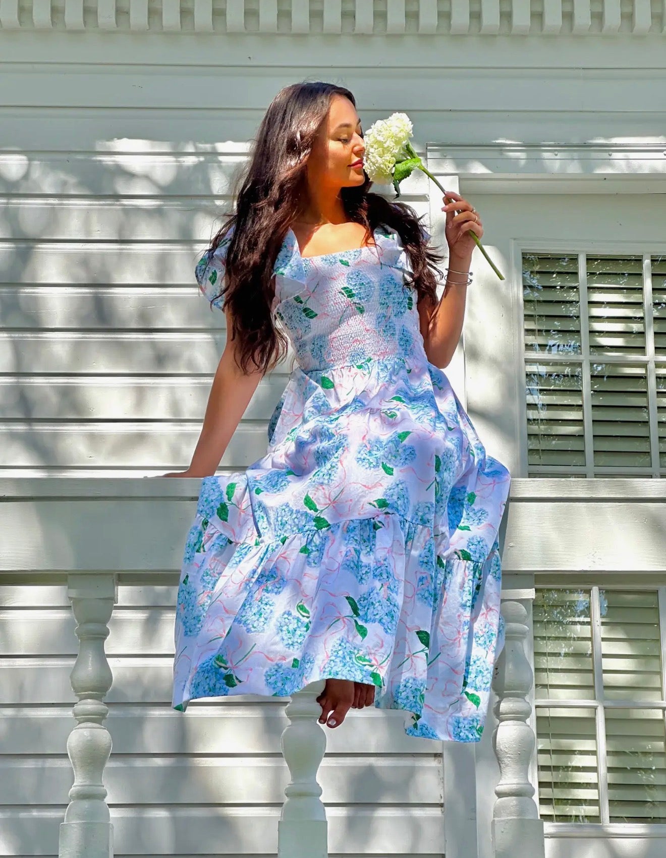 Hydrangea Ribbons Smocked Flutter
Sleeve Dress