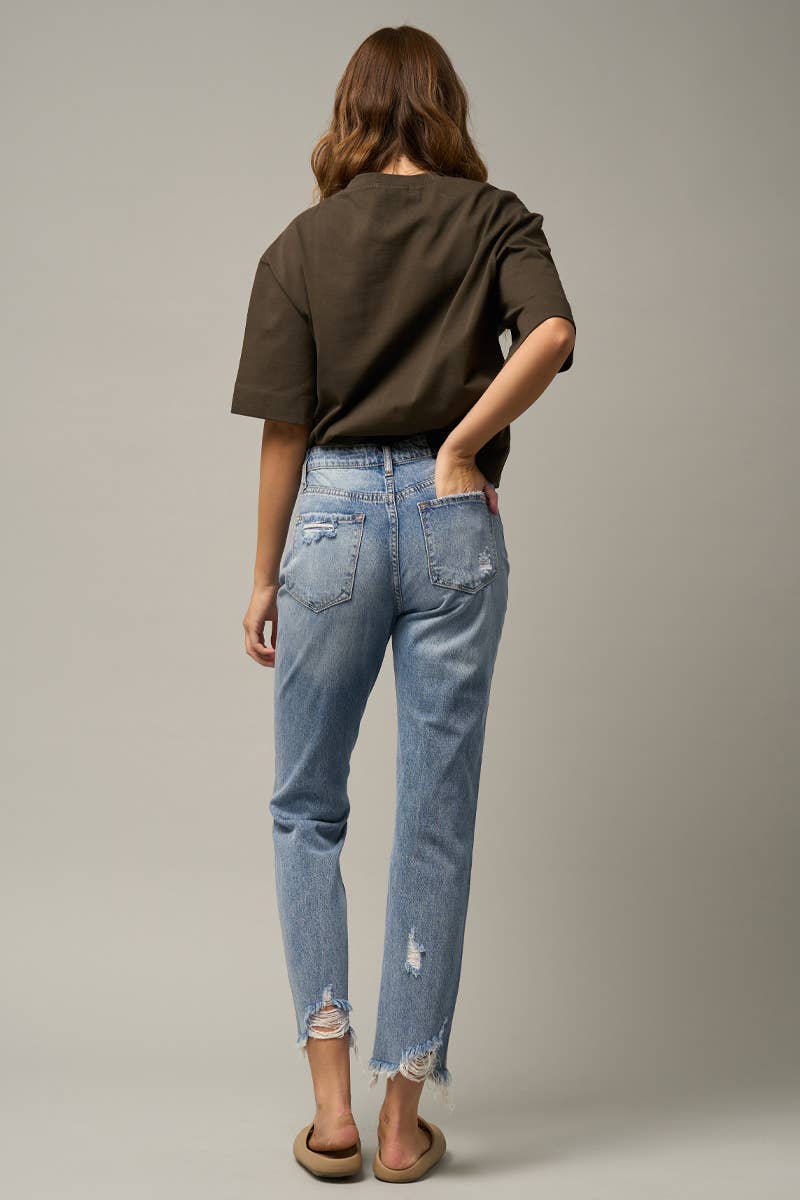 High Rise Ripped Frayed Hem Cropped Straight Jeans