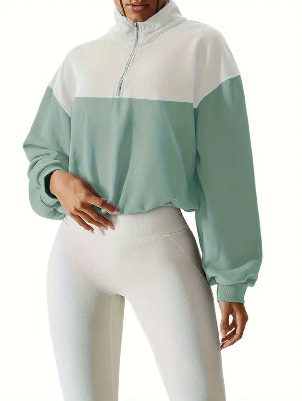 Green & White Half Zip Crop Sweatshirt