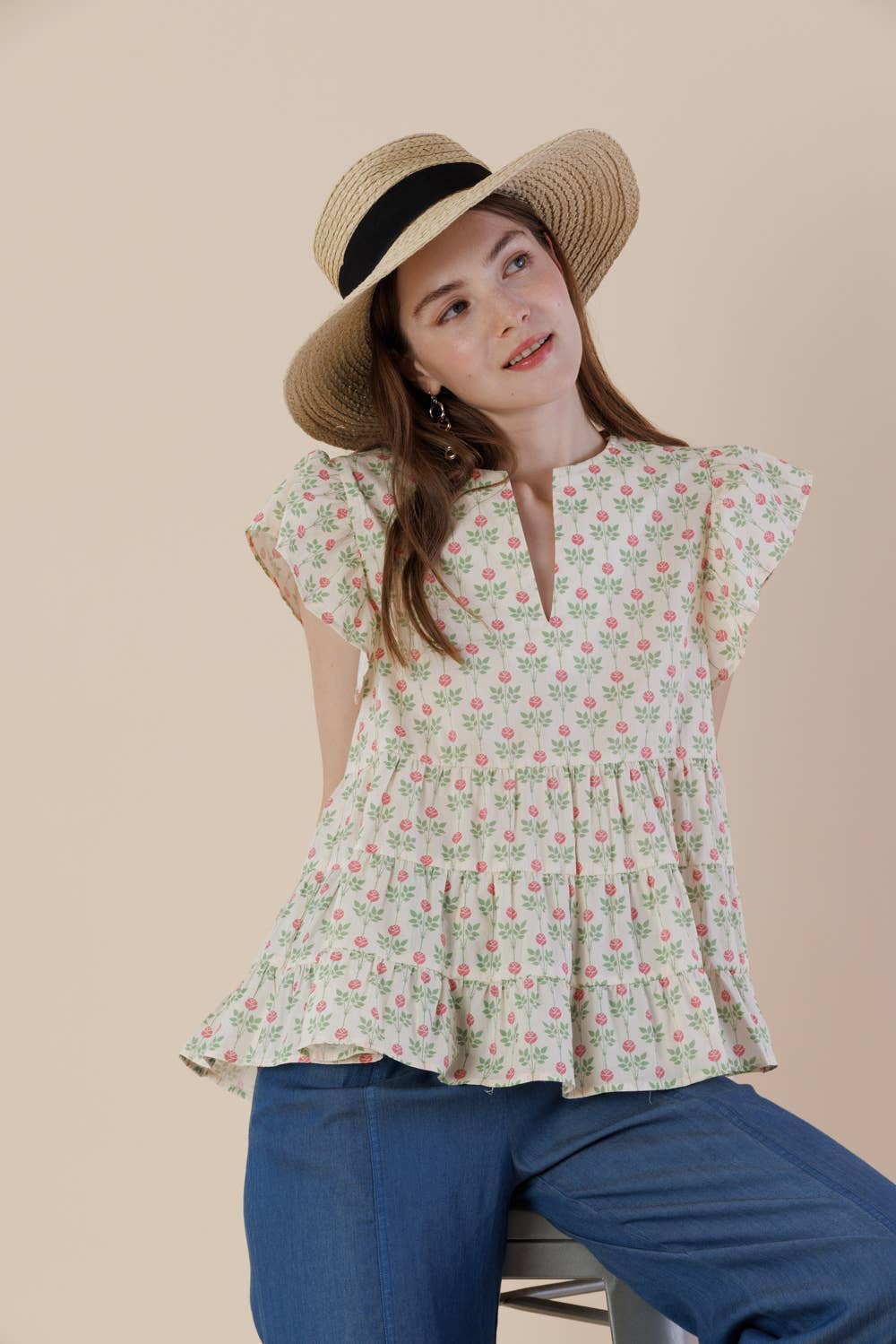 Floral Flutter Sleeve Tiered Blouse with Split Neck