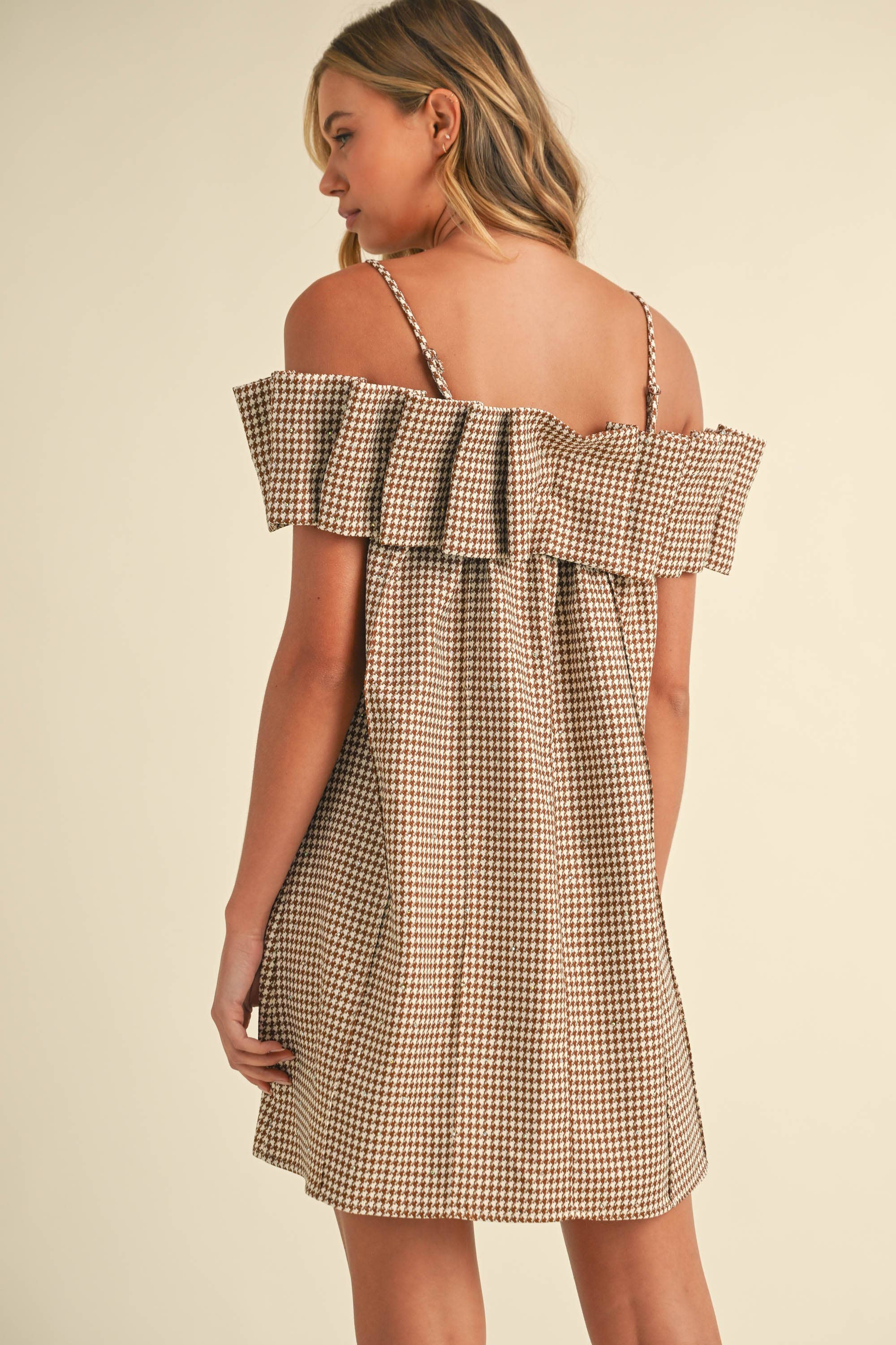 HOUNDSTOOTH PLEATED OFF SHOULDER DRESS