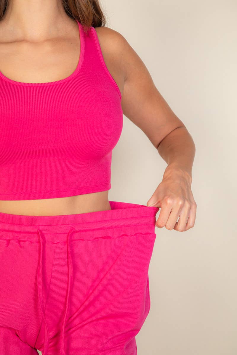 Pink Ribbed Crop Tank Top & Shorts Set