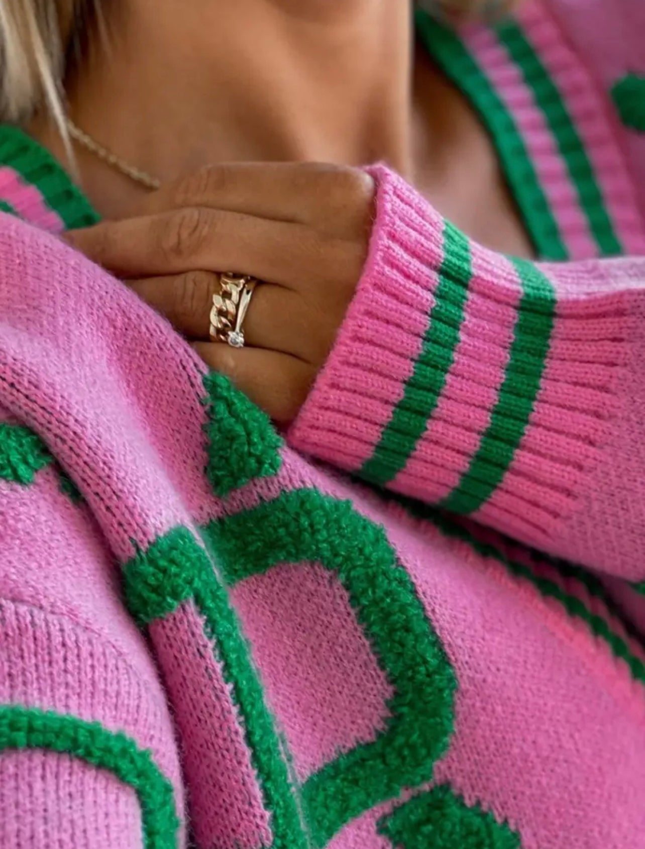 Pink & Green Button Up Sweater