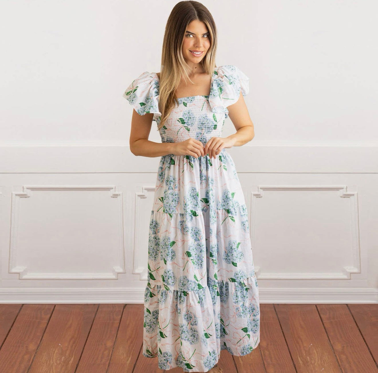 Hydrangea Ribbons Smocked Flutter
Sleeve Dress