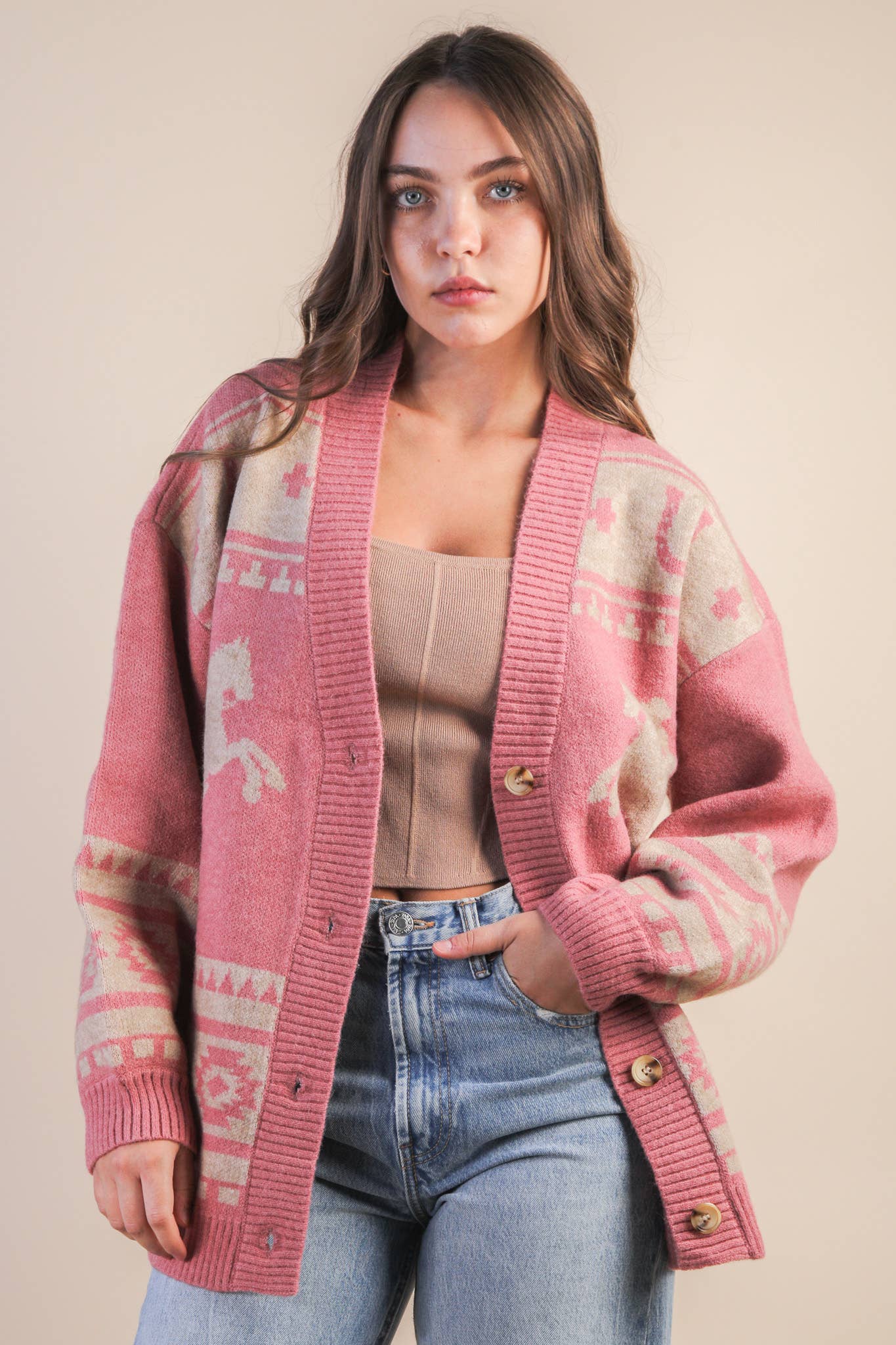 Oversized Pink Western Knit Sweater Cadigan