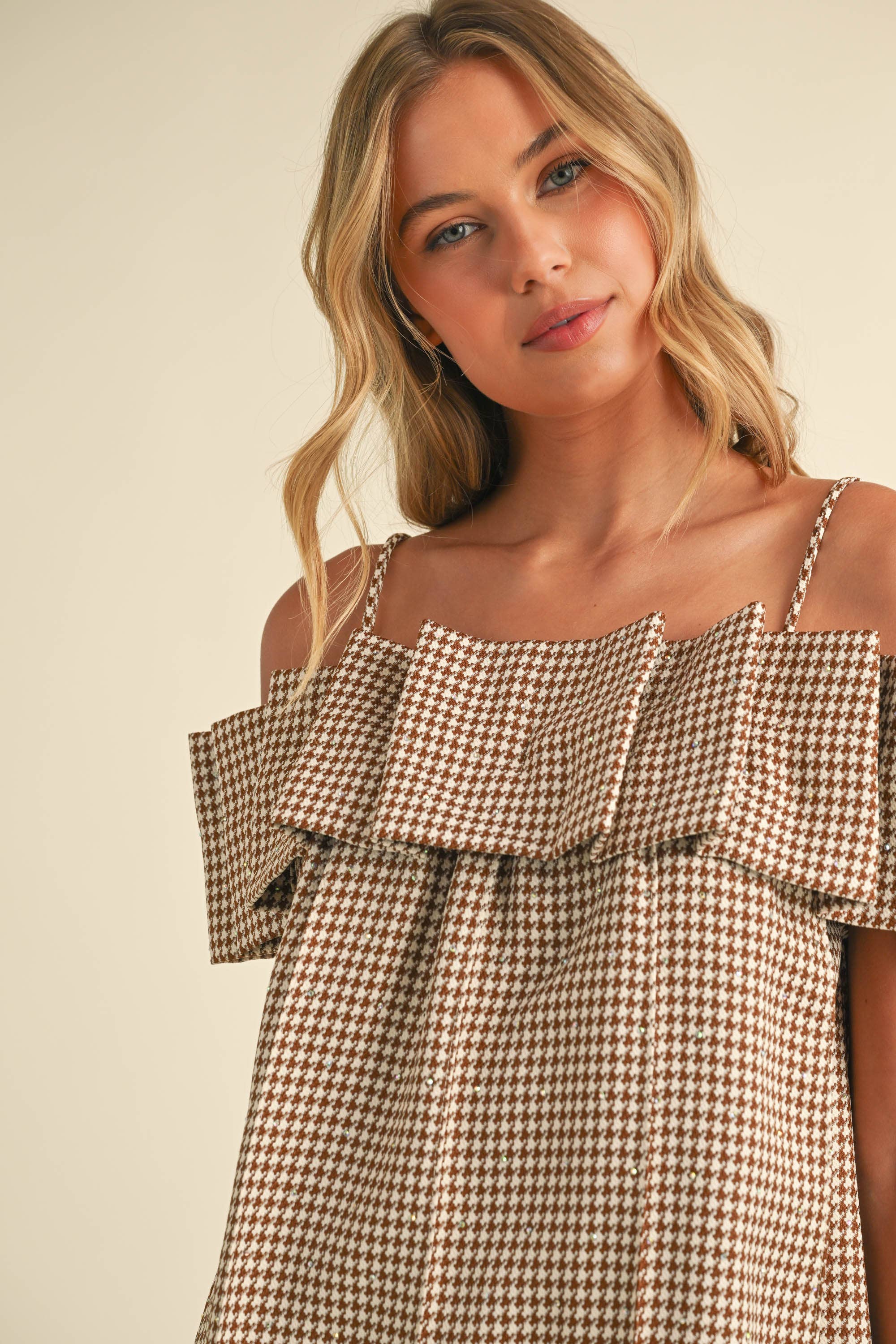 HOUNDSTOOTH PLEATED OFF SHOULDER DRESS