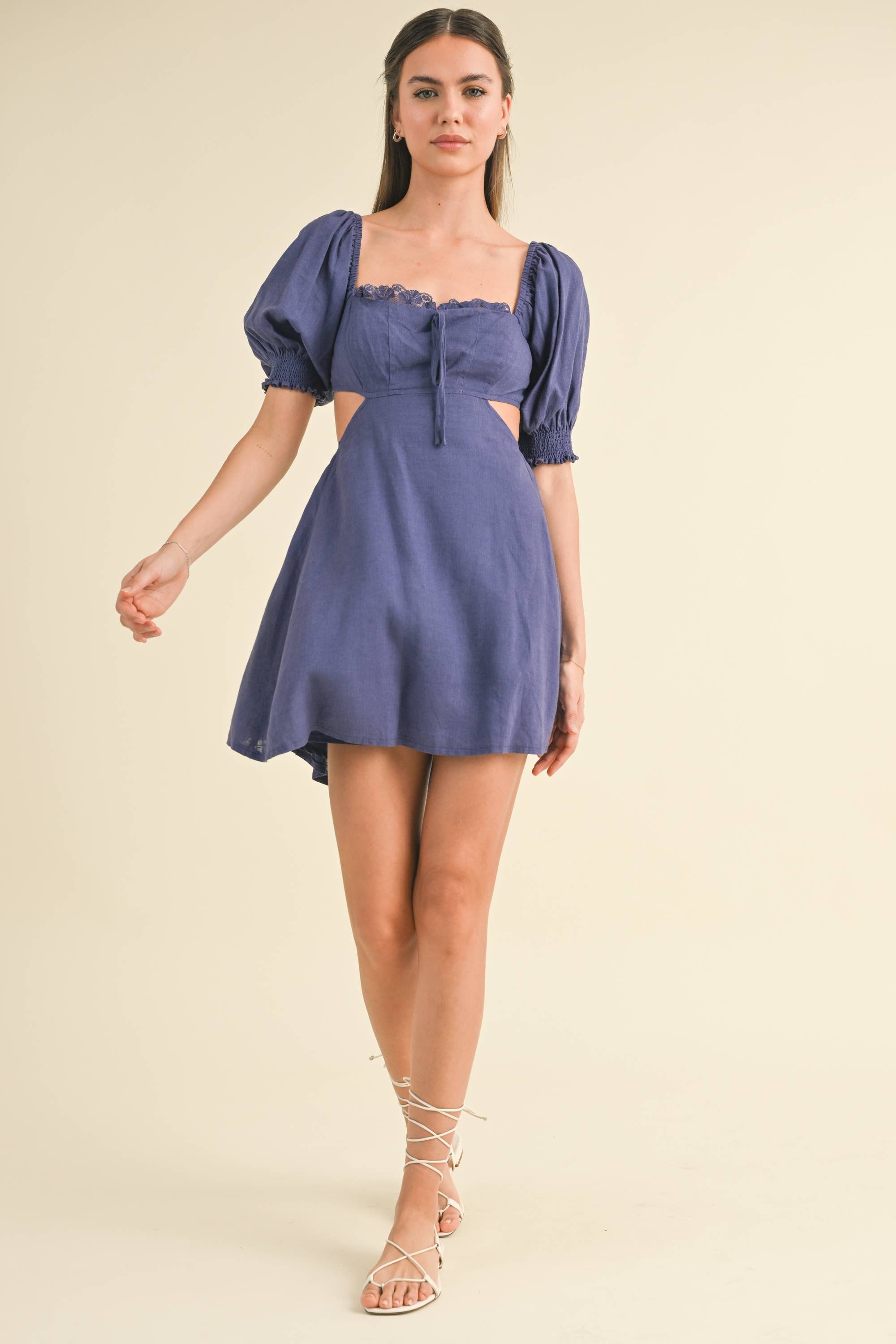 LINEN PUFF SLEEVE DRESS WITH BACK SMOCKING AND CUTOUT
