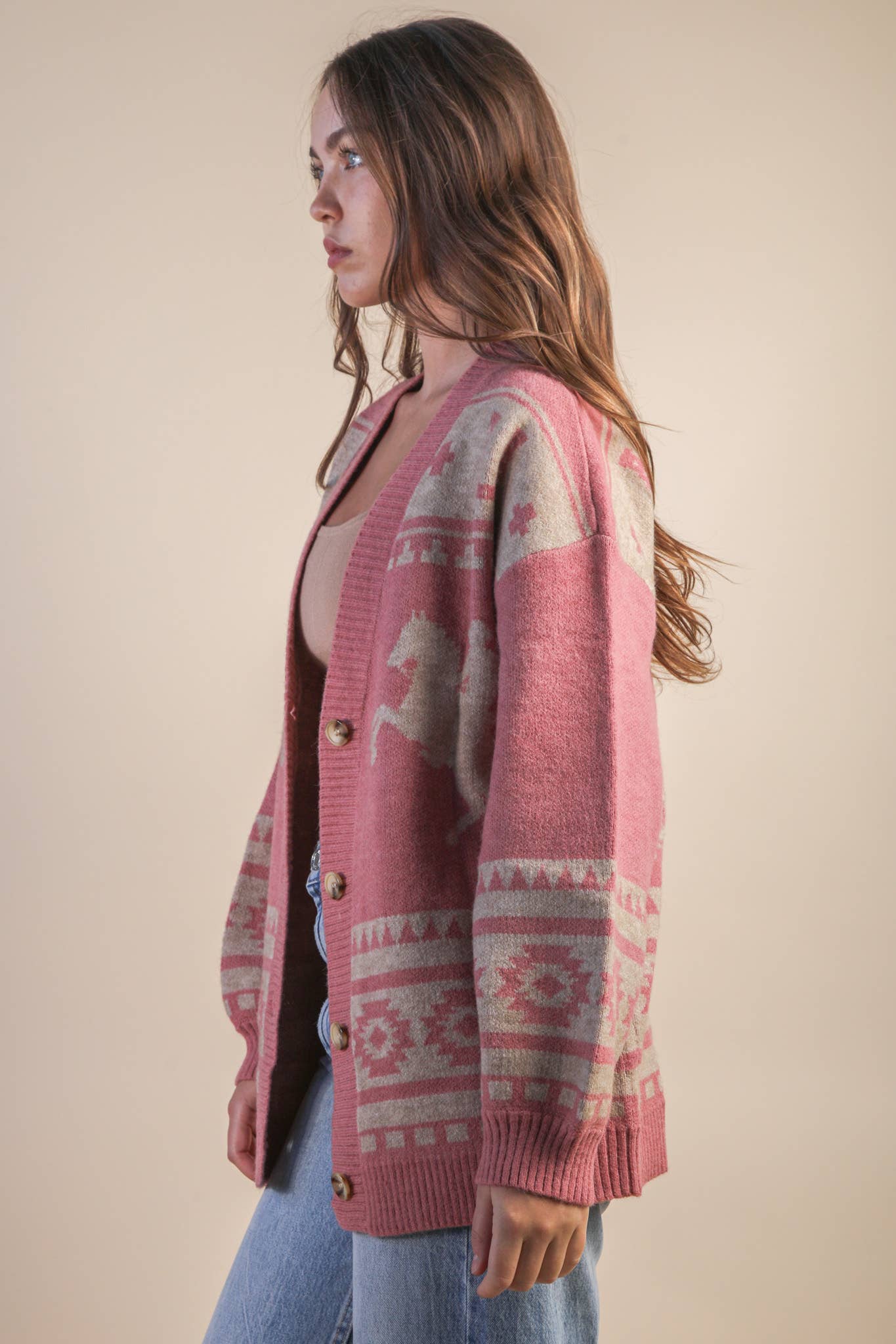 Oversized Pink Western Knit Sweater Cadigan