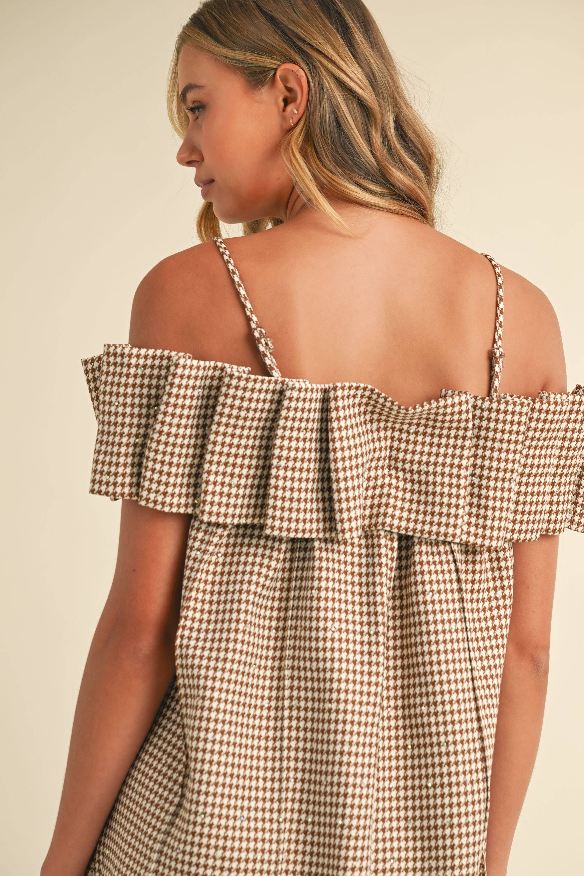HOUNDSTOOTH PLEATED OFF SHOULDER DRESS