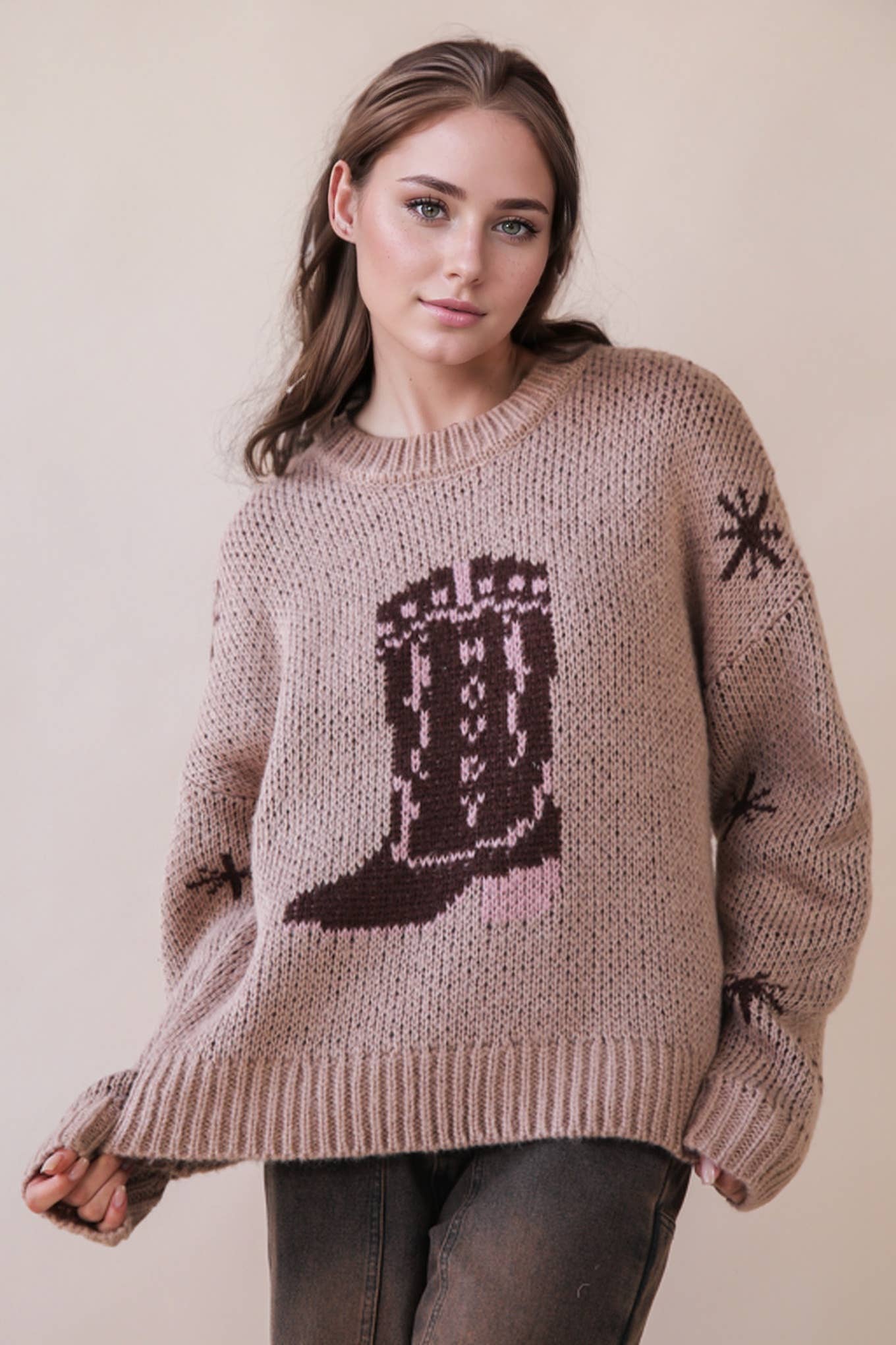 Cowboy Boots Graphic Print Knit Sweater