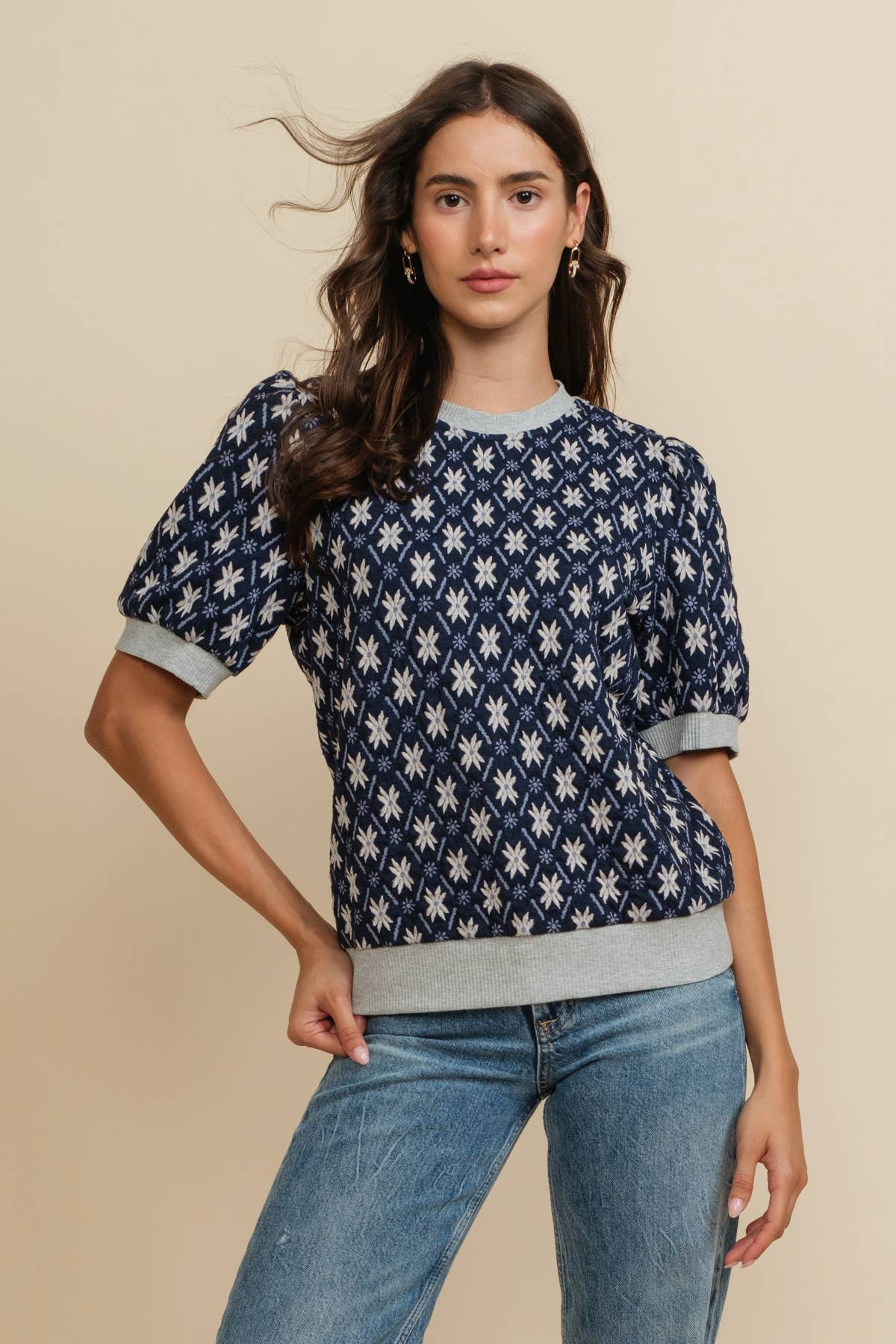 Nordic Star Jacquard Knit Puff Short Sleeve knit Top