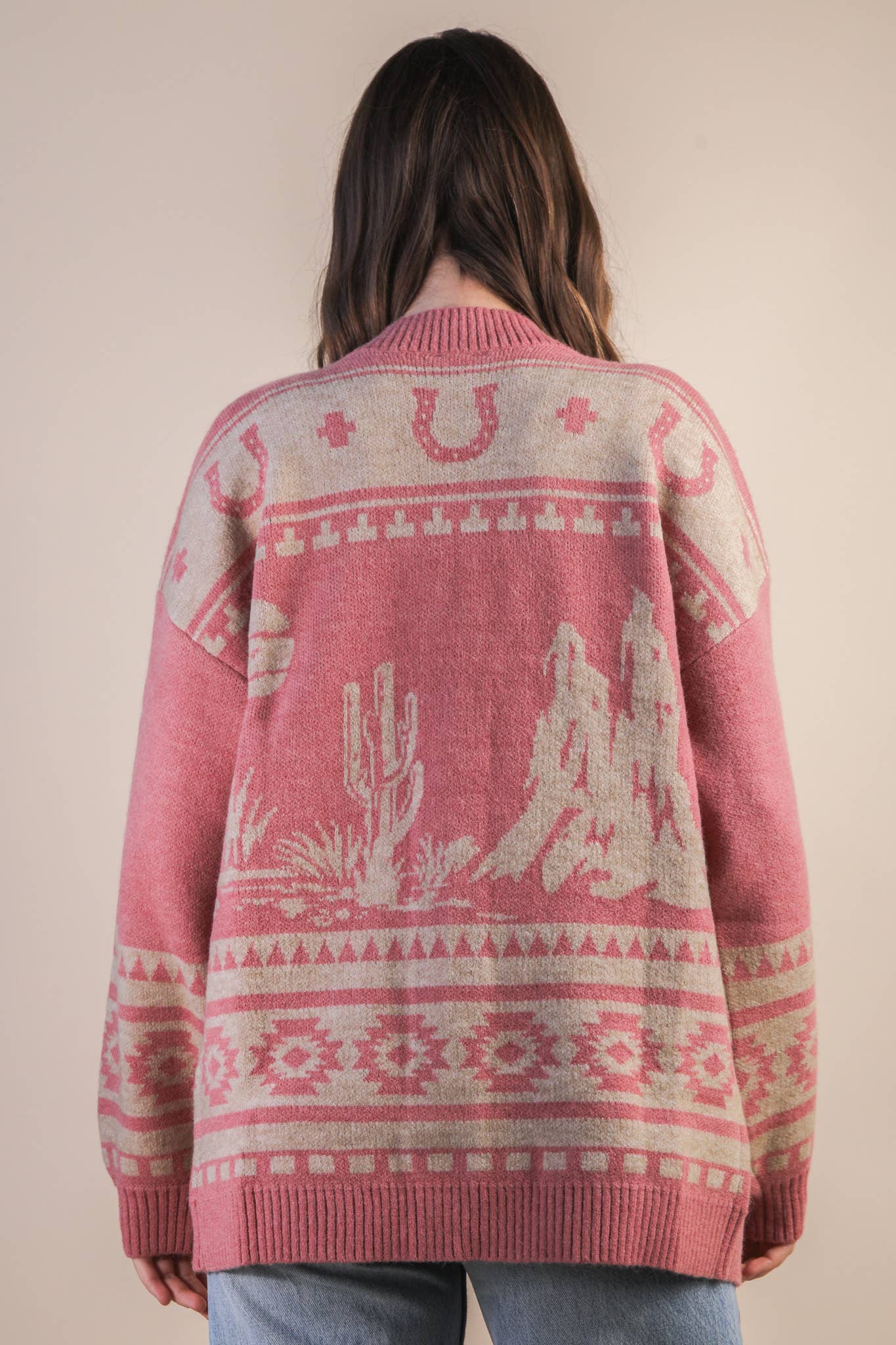 Oversized Pink Western Knit Sweater Cadigan