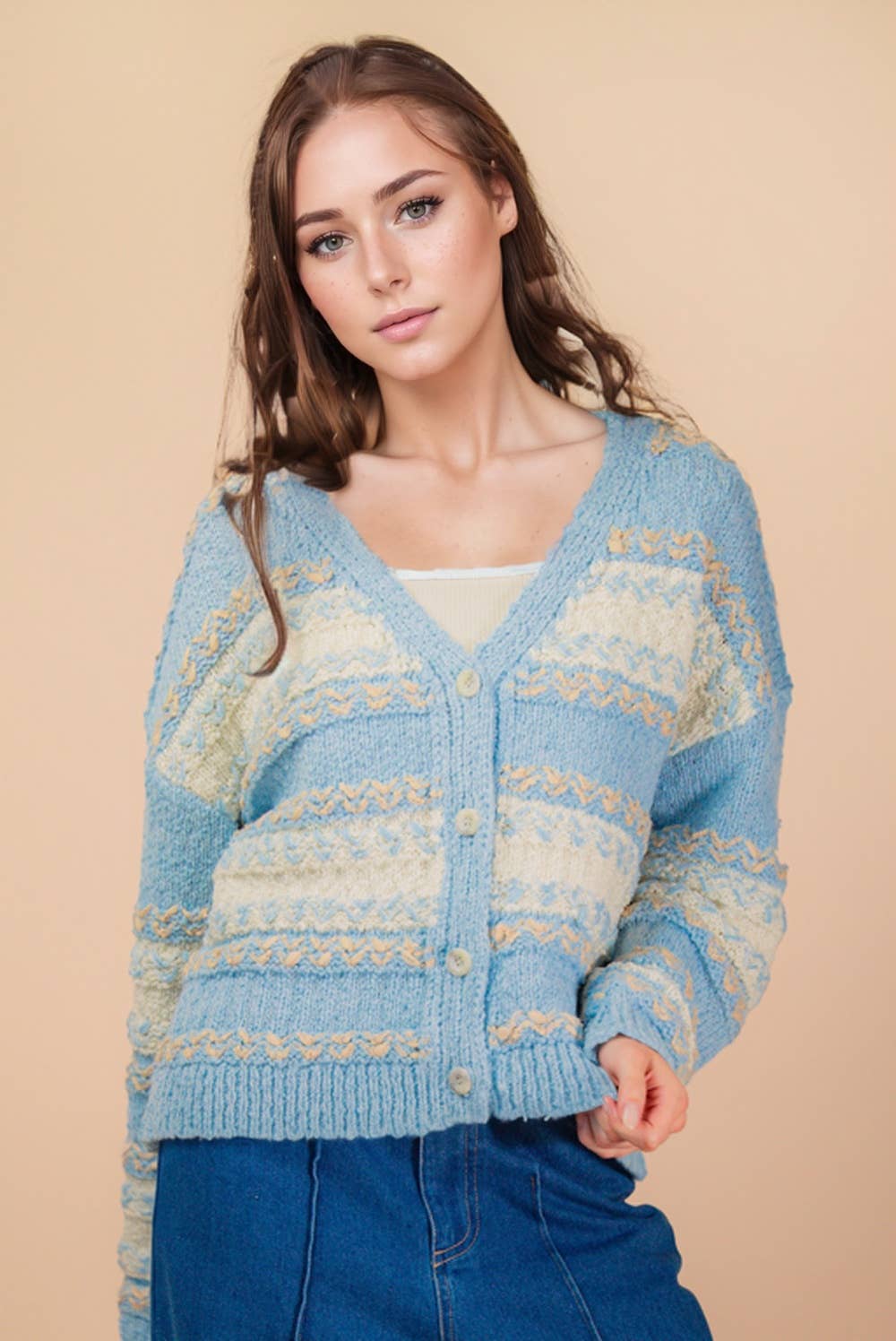 Multi Color Textured Knit Sweater Cardigan