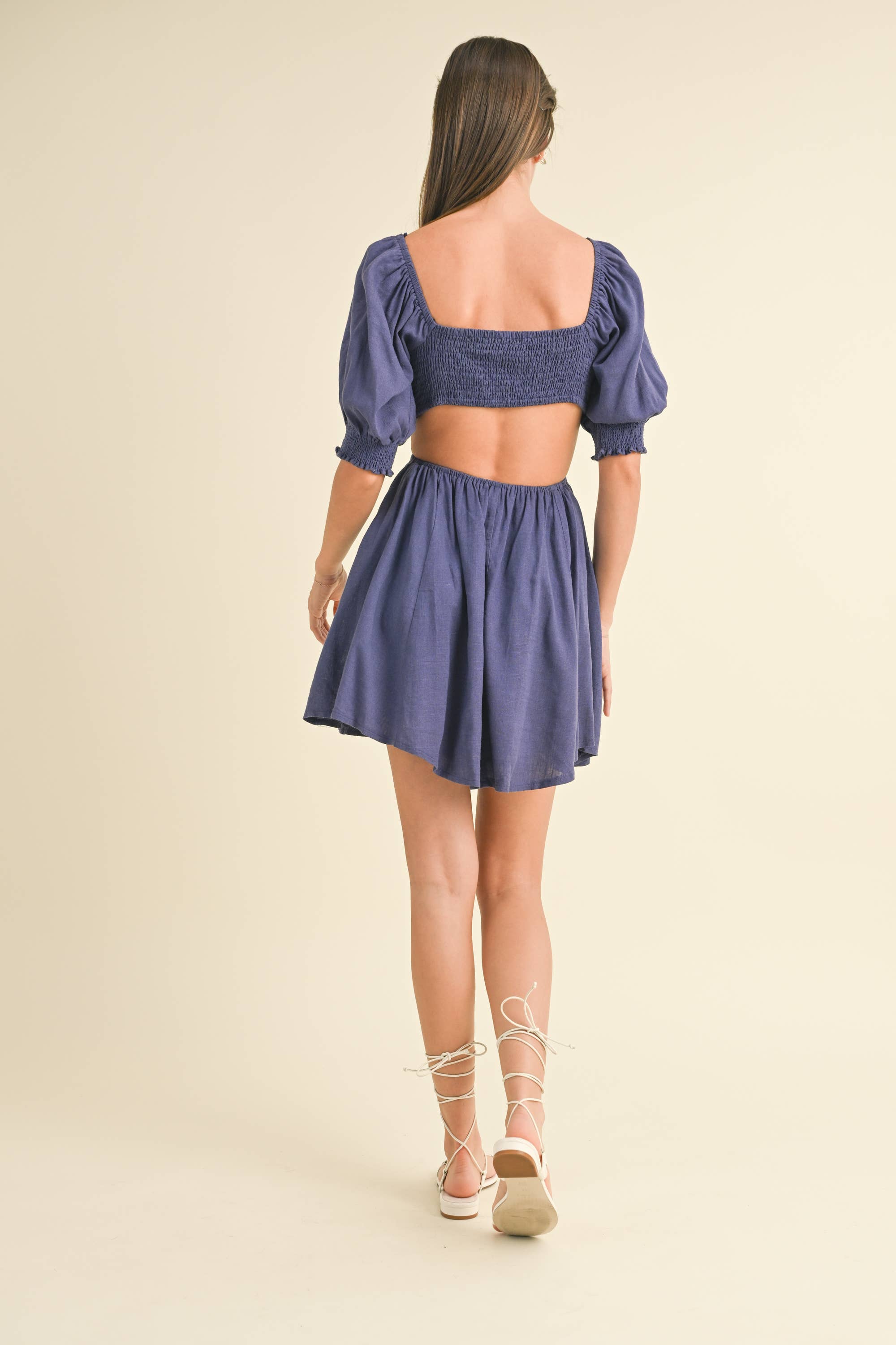 LINEN PUFF SLEEVE DRESS WITH BACK SMOCKING AND CUTOUT
