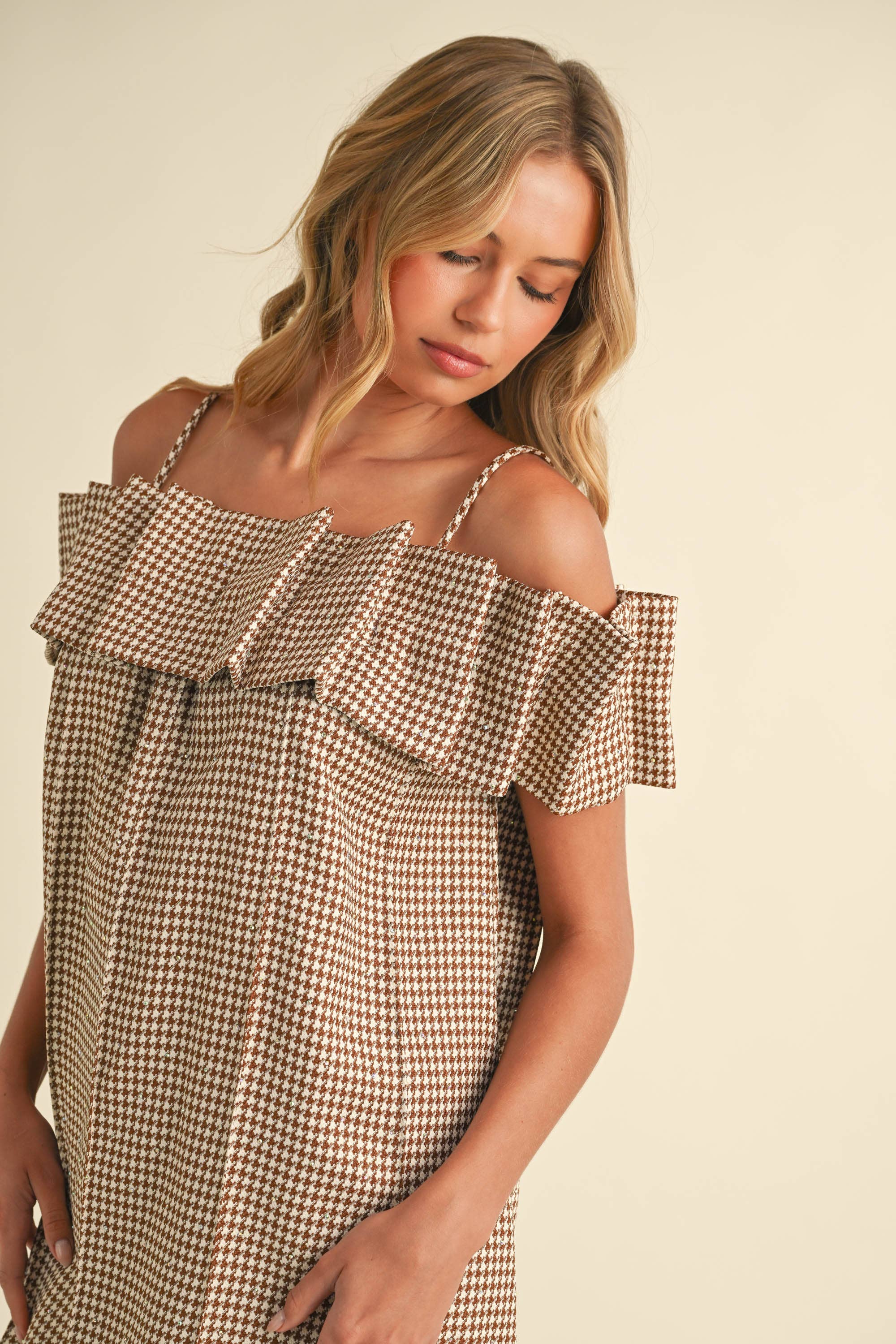 HOUNDSTOOTH PLEATED OFF SHOULDER DRESS