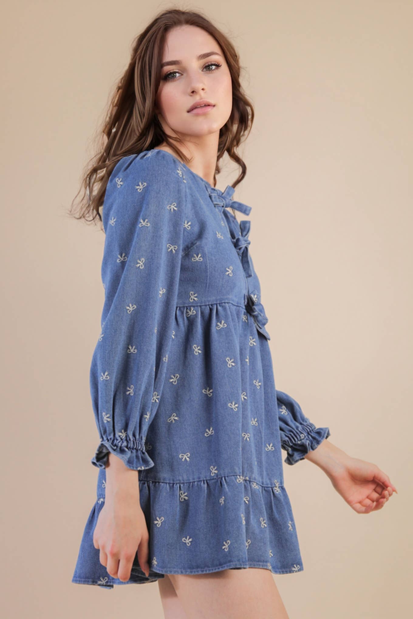 Soft Washed Denim Bow Printed Casual Mini Dress